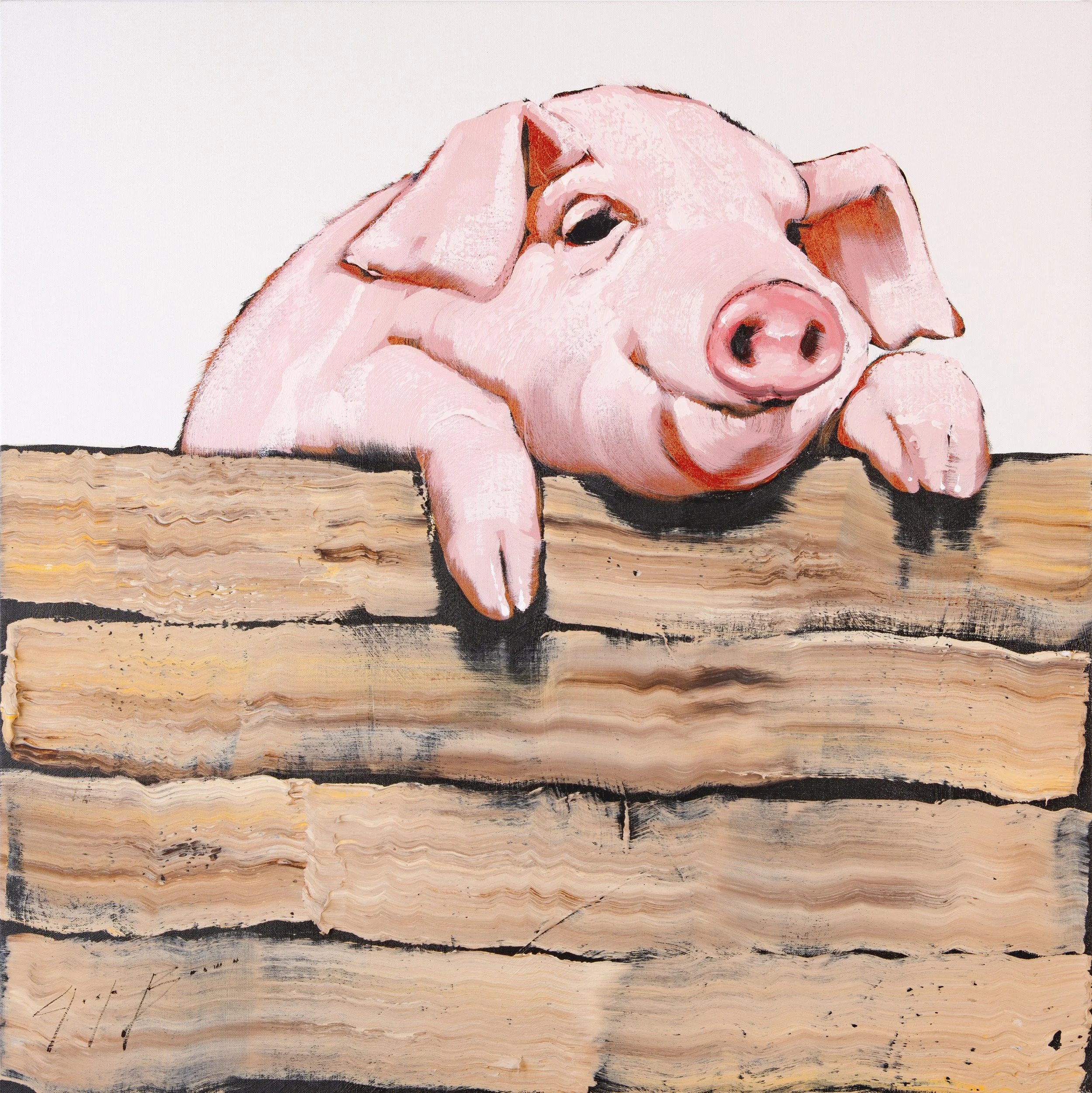 Original acrylic painting of a pink pig resting over a rustic wooden fence, featuring rich texture and expressive brushwork. Contemporary animal fine art created with archival materials, ideal for collectors seeking distinctive, modern paintings.