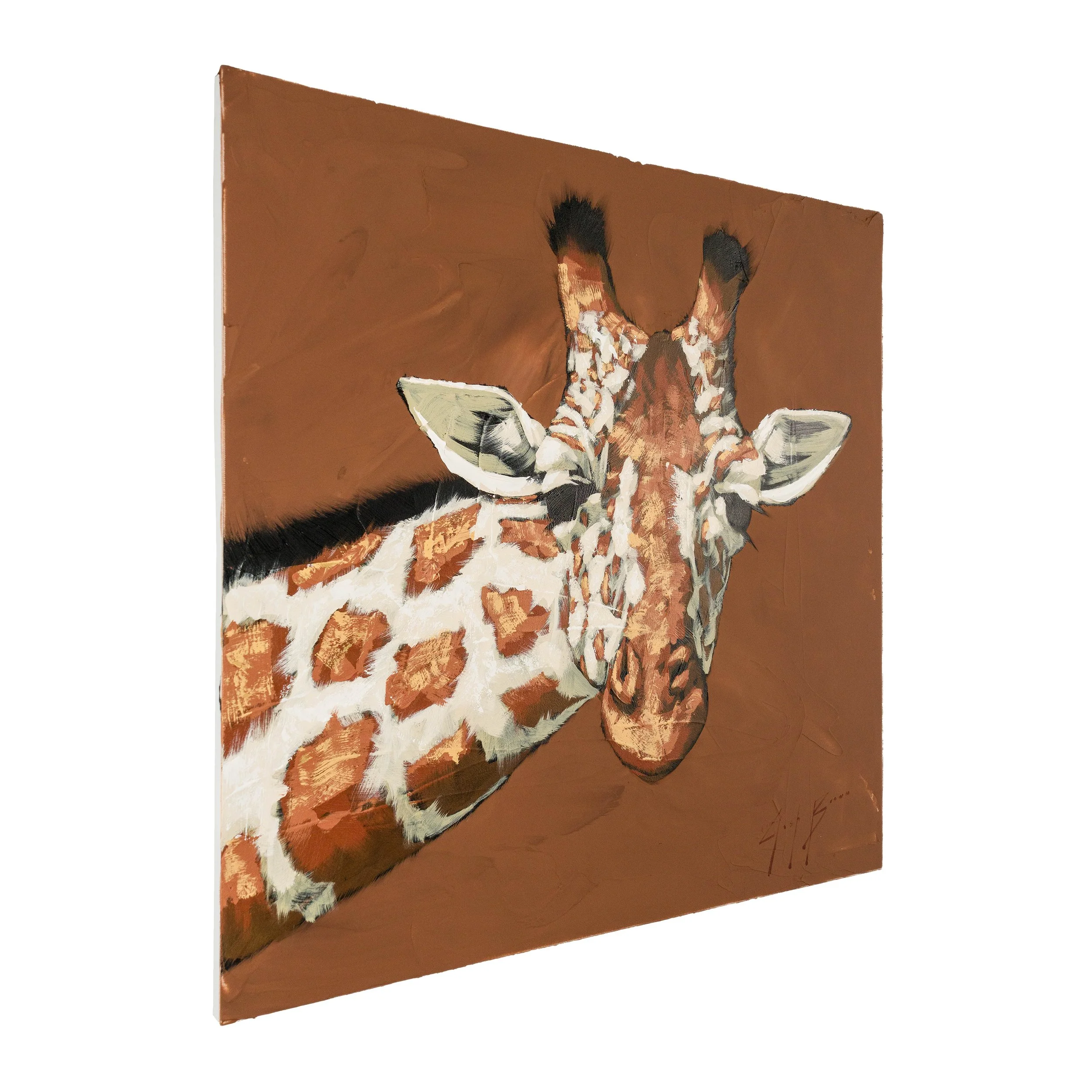 Detail showing a side view of a giraffe painting demonstrating bold brushwork and organic texture on a giraffe’s patterned neck by Josh Brown..