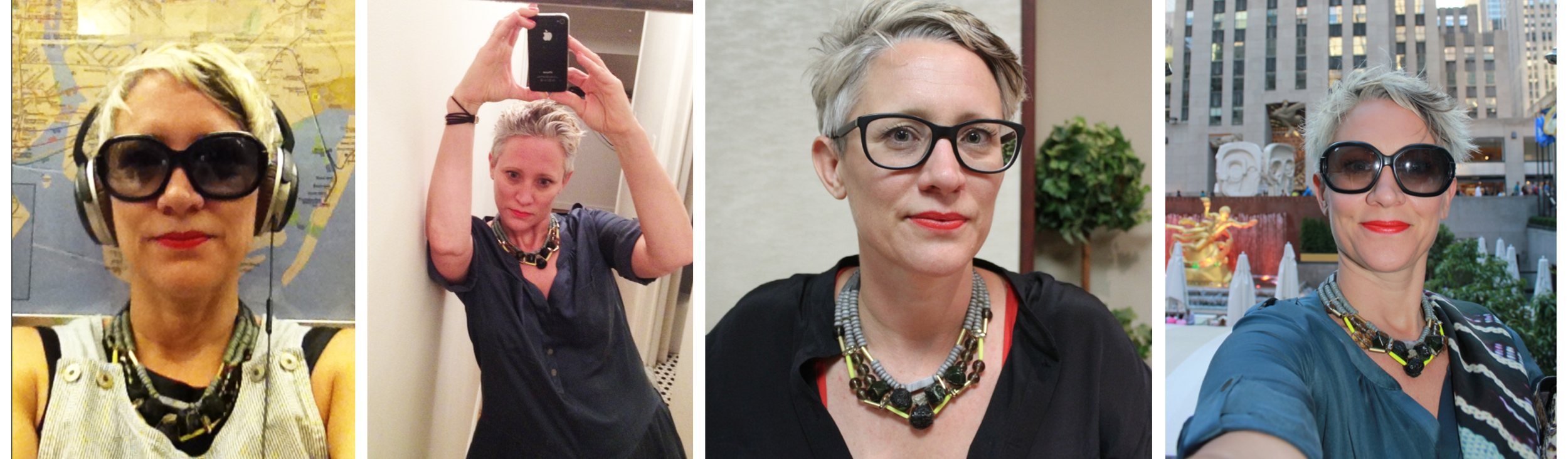 Thrift store purchases! I avoided buying new in New York, but Beacon's Closet was jam packed full of brilliant second hand things. I picked up some long and short denim dungarees and a navy silk playsuit. The necklace I bought at the Museum of Art & Design is by a Brooklyn maker who uses recycled objects and bamboo beads.