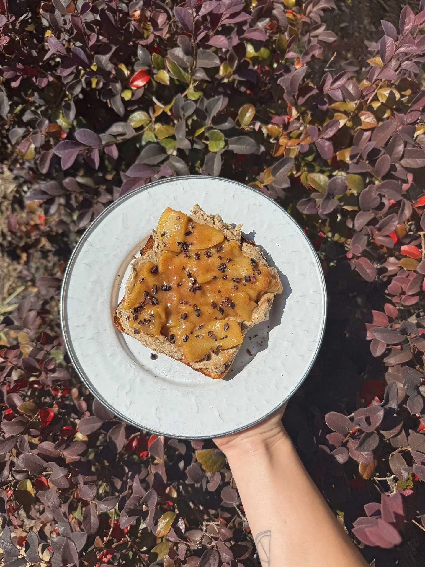 New seasonal toast - whipped espresso mascarpone, spiced apples, cacao nibs on @yellowdogbread multigrain 🍎 See ya in the morn!