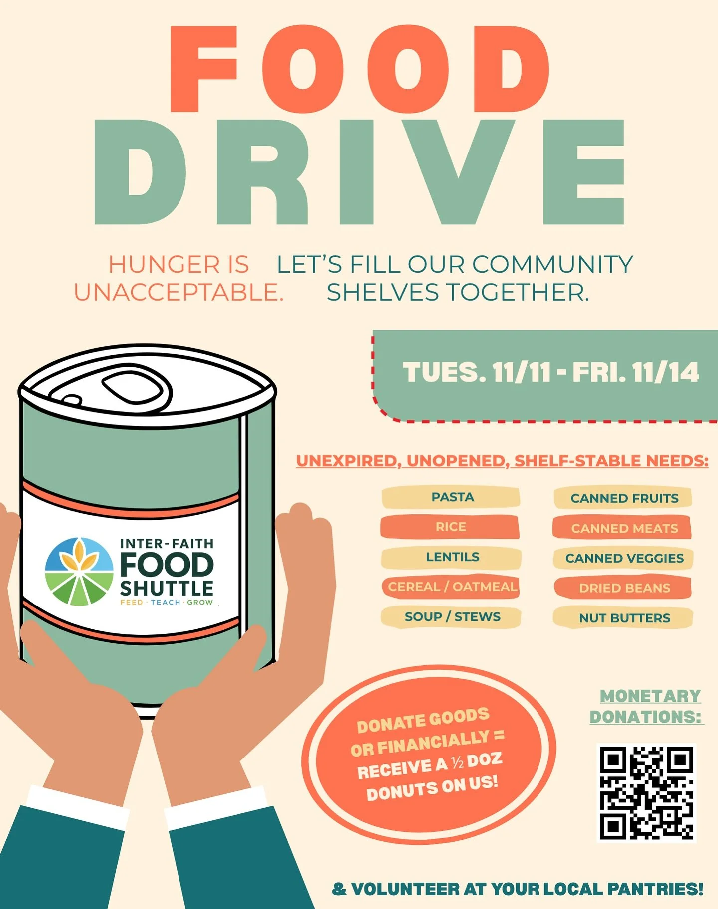 ❗️FOOD DRIVE THIS WEEK AT SOLA❗️Tuesday - Friday. You bring goods and/or financially donate, we give you a 1/2 dozen donuts on us. Check list above for what we are accepting! Let&rsquo;s fill our community shelves together alongside @foodshuttle 🫶 
