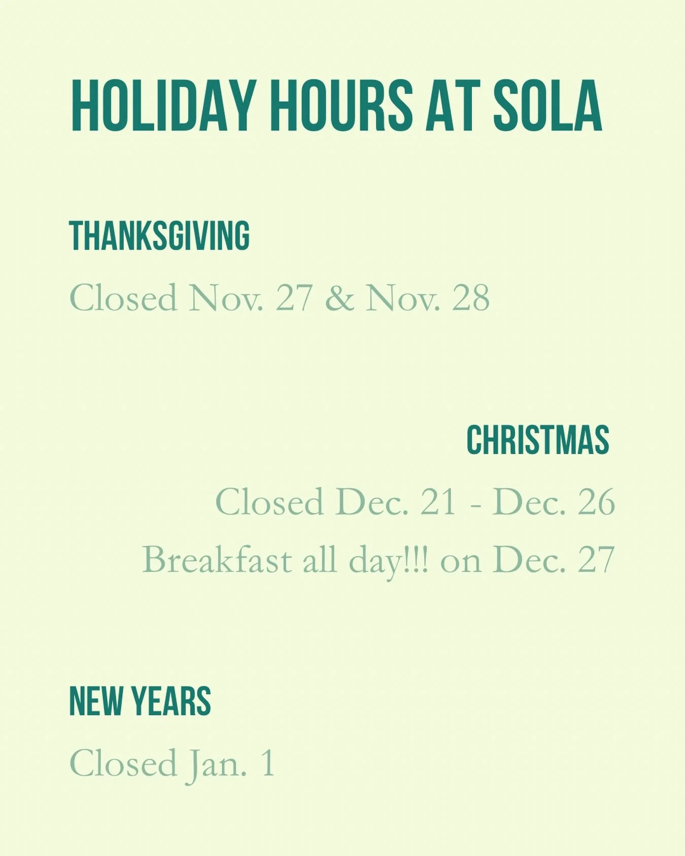 Holiday hours ✨ Looking forward to getting to serve you this holiday season!