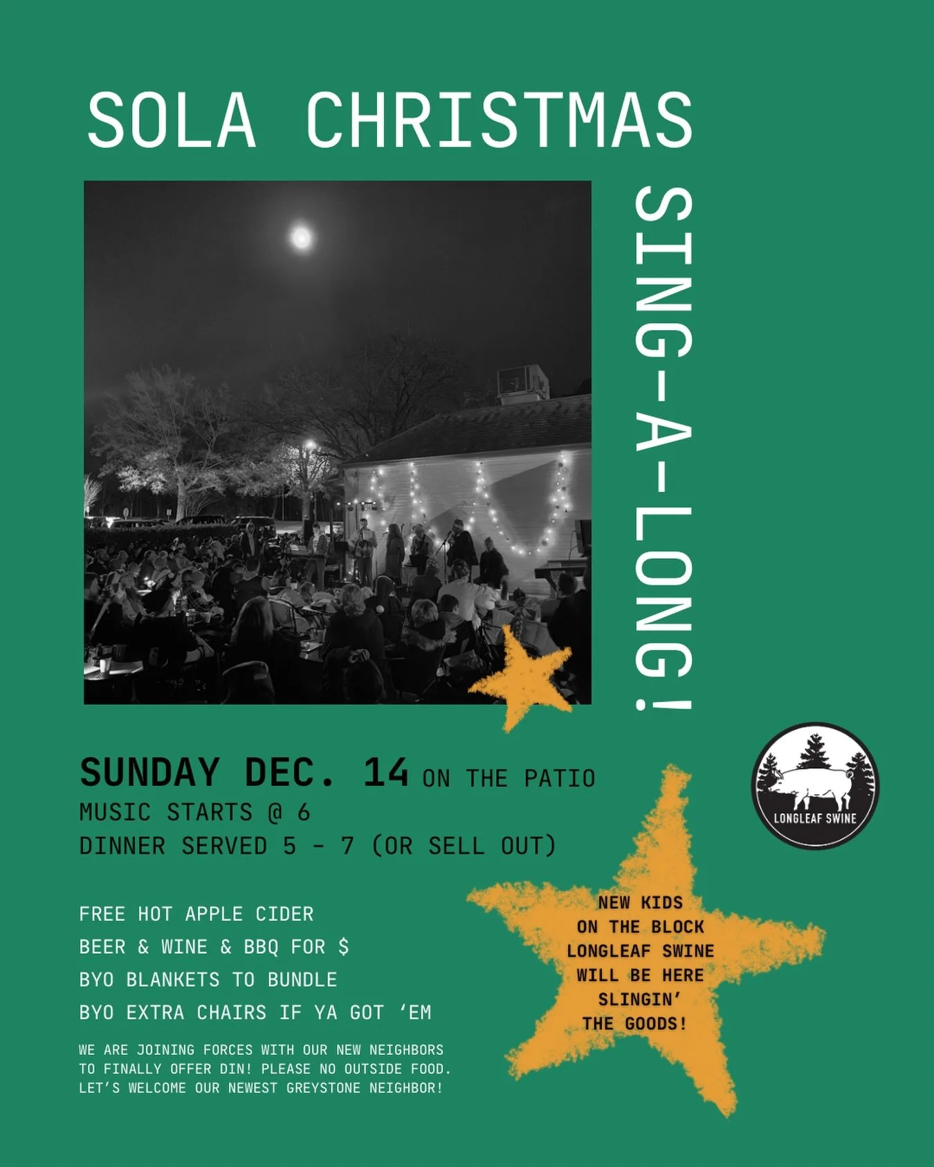Sola Christmas Sing-a-long is on the books y&rsquo;allll🎄🎅And just when you think it couldn&rsquo;t get any better, @longleafswinebbq joins the neighborhood!!!

Join us on SUNDAY, DEC. 14th @ 6 PM on the back patio for the annual Christmas sing-a-l