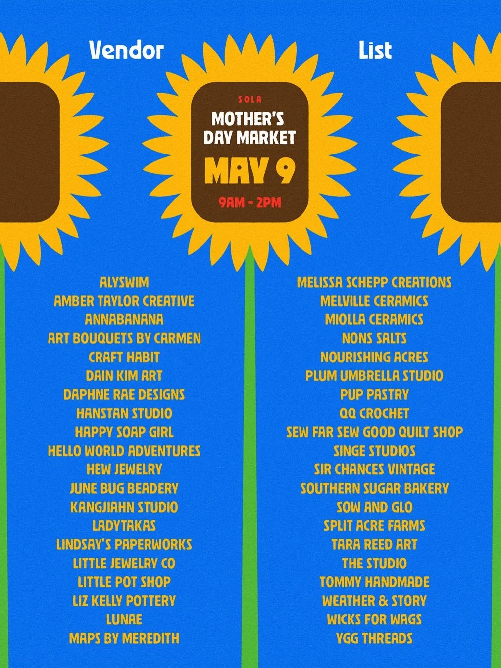 1 MONTH OUT FROM OUR MOTHER&rsquo;S DAY MARKET ON MAY 9th 🌻❣️ vendor list is looking mighty fine!

So many amazing local artists + makers will be joining us on May 9th from 9am - 2pm! Mark your calendars and come sip, stroll, &amp; shop local with u
