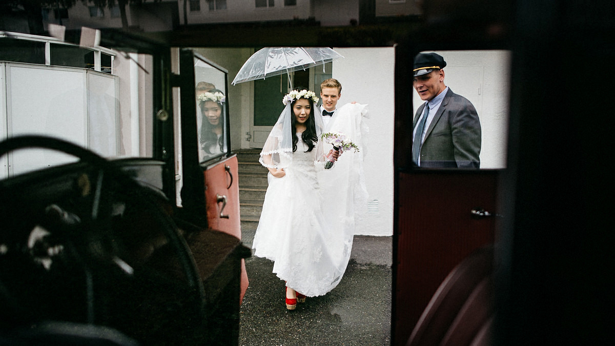 Wedding couple leaving for church