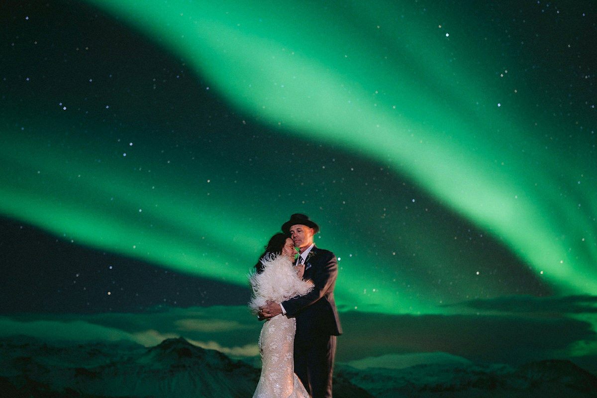 Northern lights wedding portrait Iceland