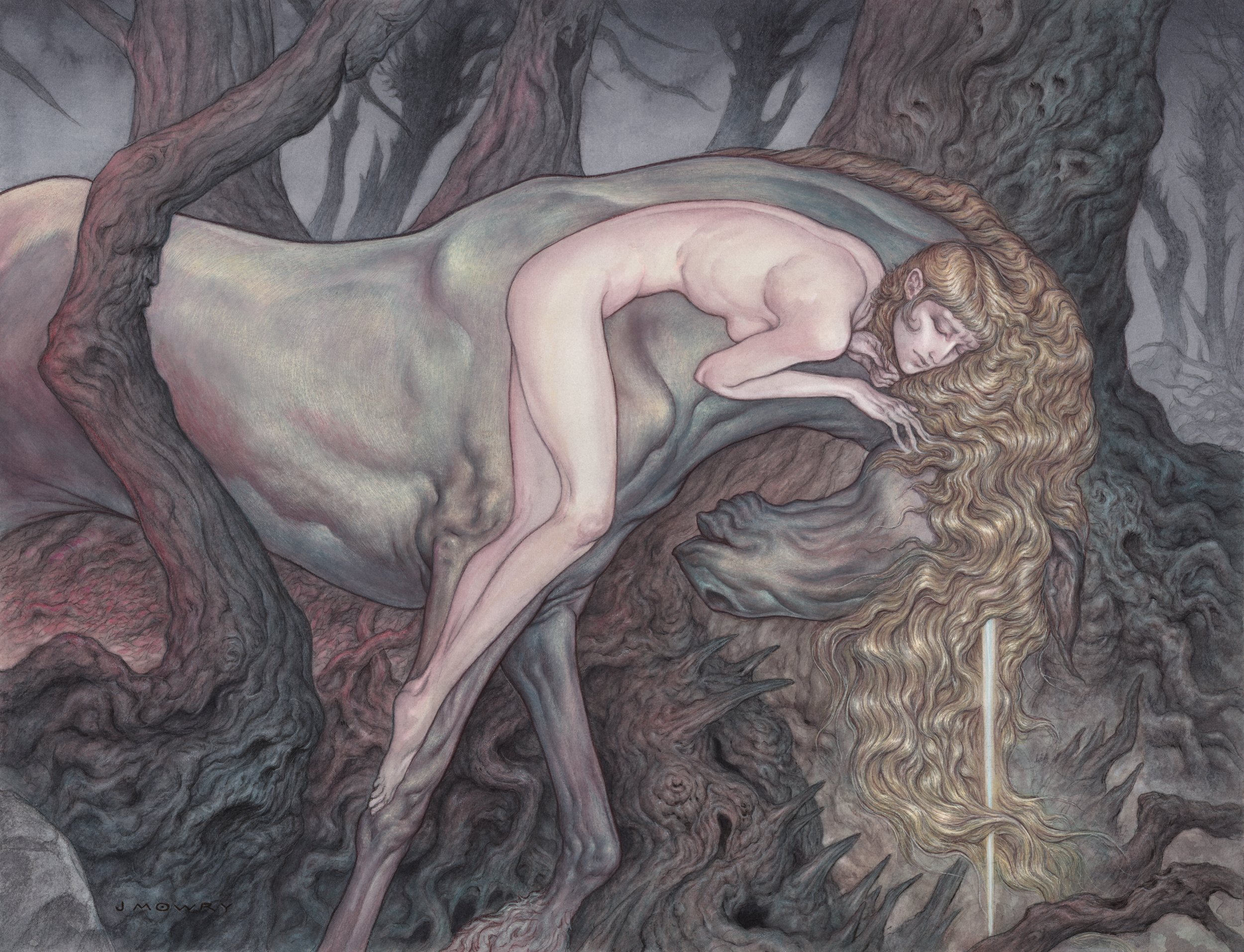 Part of The Last Unicorn 40th Anniversary group show at Corey Helford Gallery Exhibition Saturday, December 17th- January 21, from 7-11 PM Title: Becoming Tears and Hunger Dimensions: 13” x 17” Medium:Watercolor, gouache, ink, and Pencil on Wa
