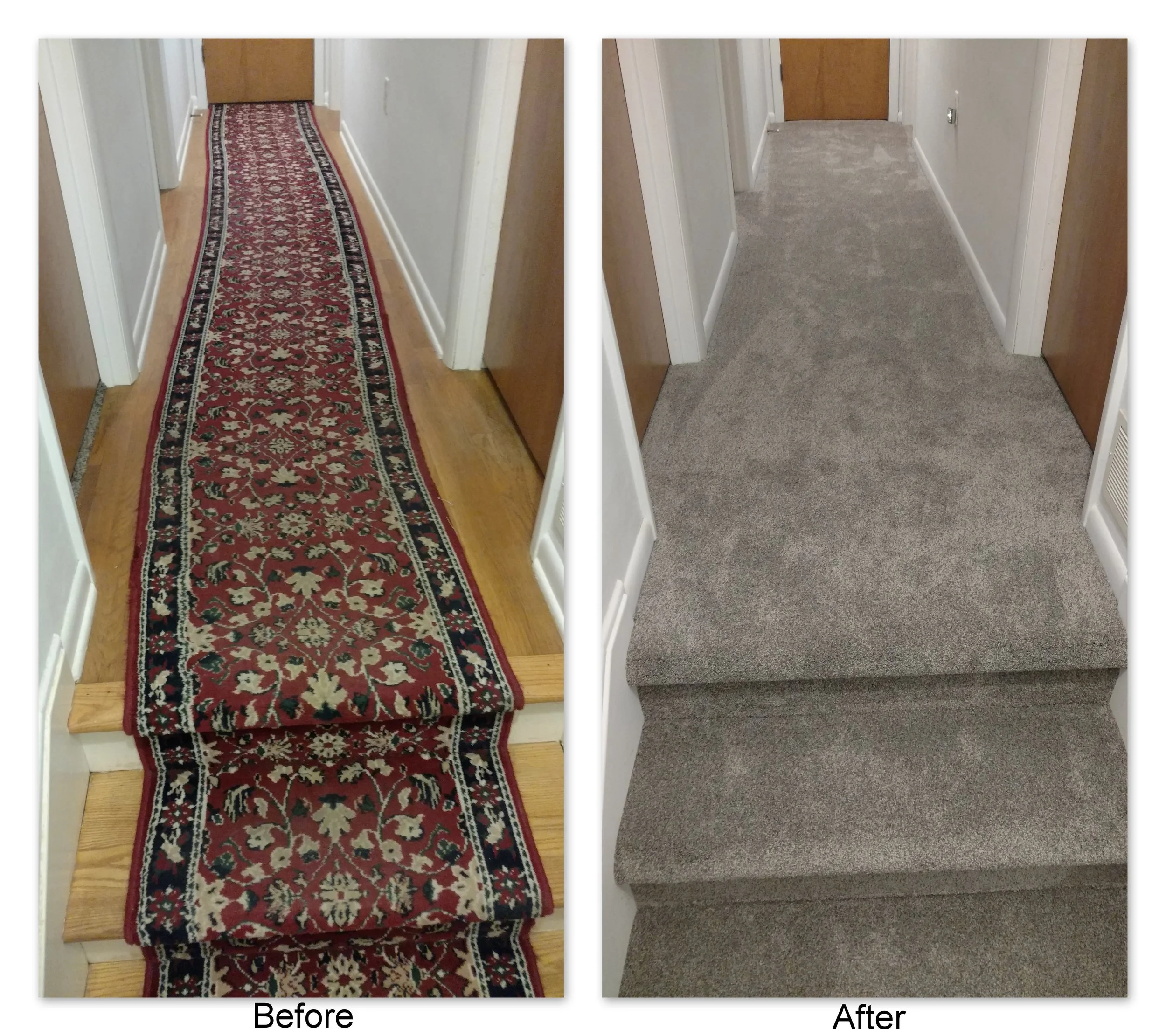 From crooked old runner to classy grey multiflec, Frank & Tonya's carpet choice of Tigressa SoftStyle Sakti Carpet in the color Sundial drastically updated their hall to a modern look.