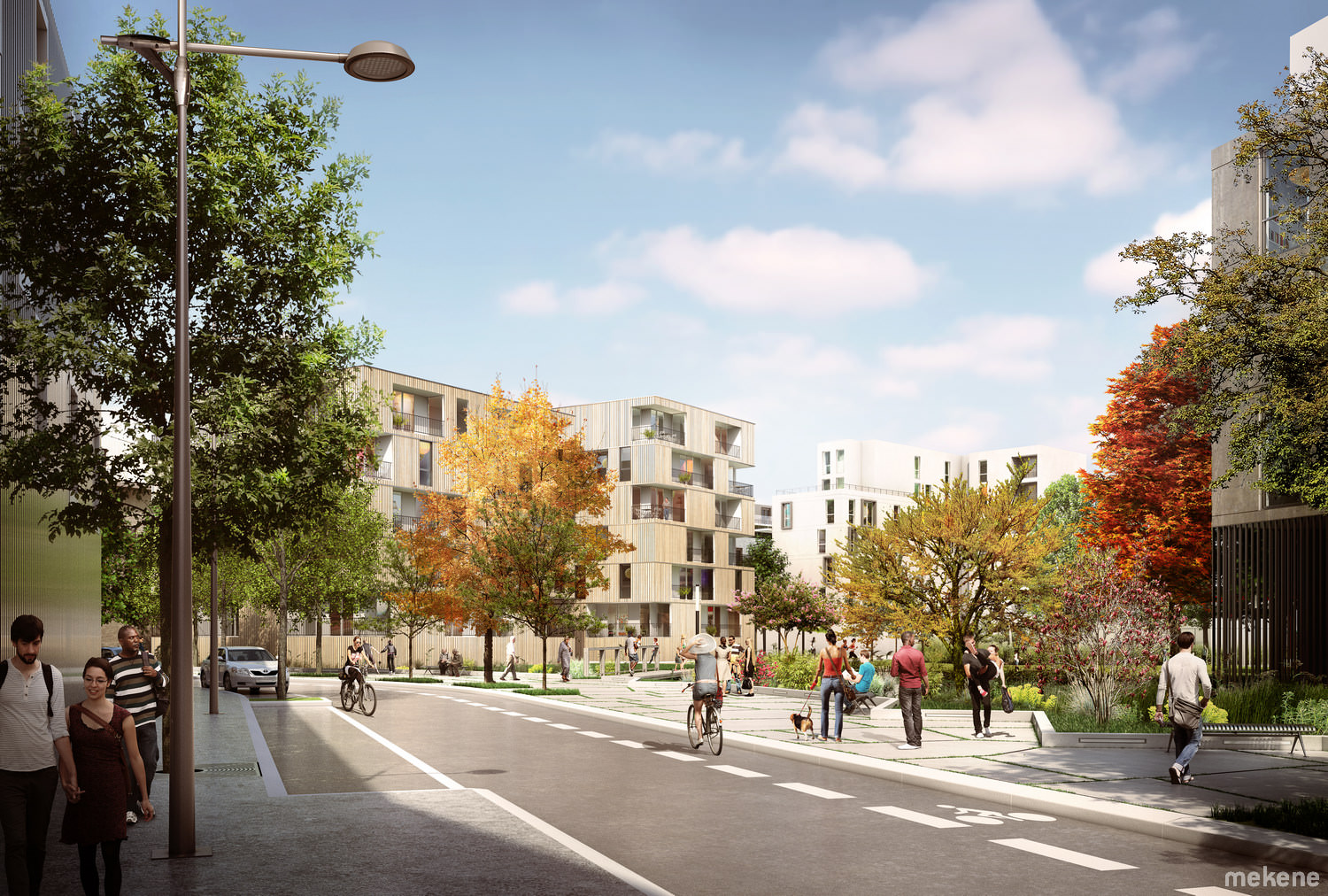 Perspective d'ambiance montrant les immeubles de logements enserrant le jardin.
