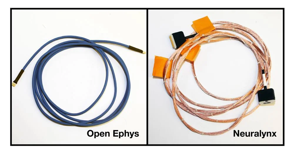The tether used by the Open Ephys system (available for purchase from Intan Technologies) weighs 8.2 g/m, contains 12 conductors, and is 2.9 mm in diameter. The tether used by Neuralynx weighs 10.1 g/m, has 44 conductors, and is approximately 3 mm in diameter.