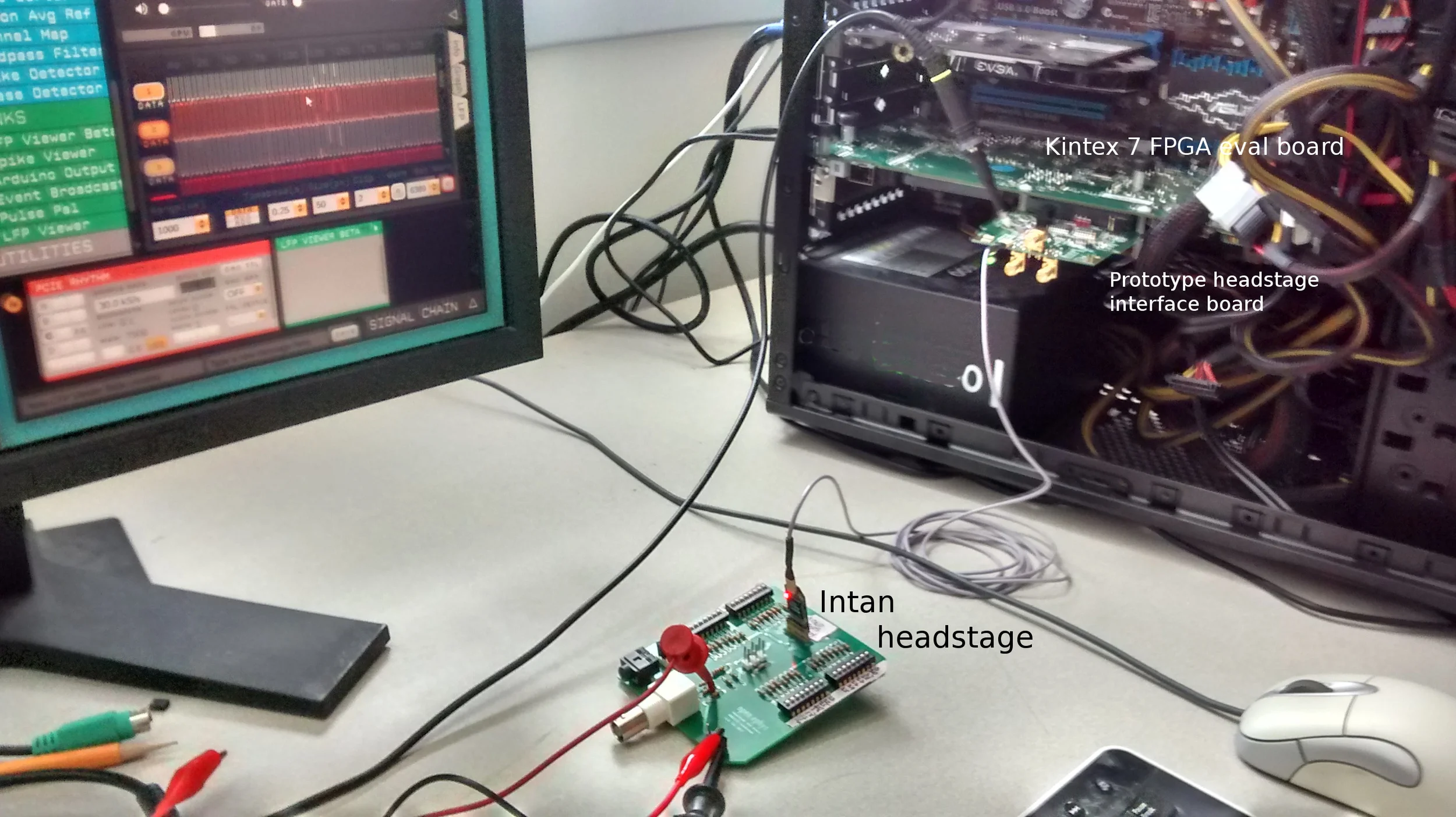Test setup for measuring the round-trip delay between a fake neural event and a trigger output from the headstage interface board.