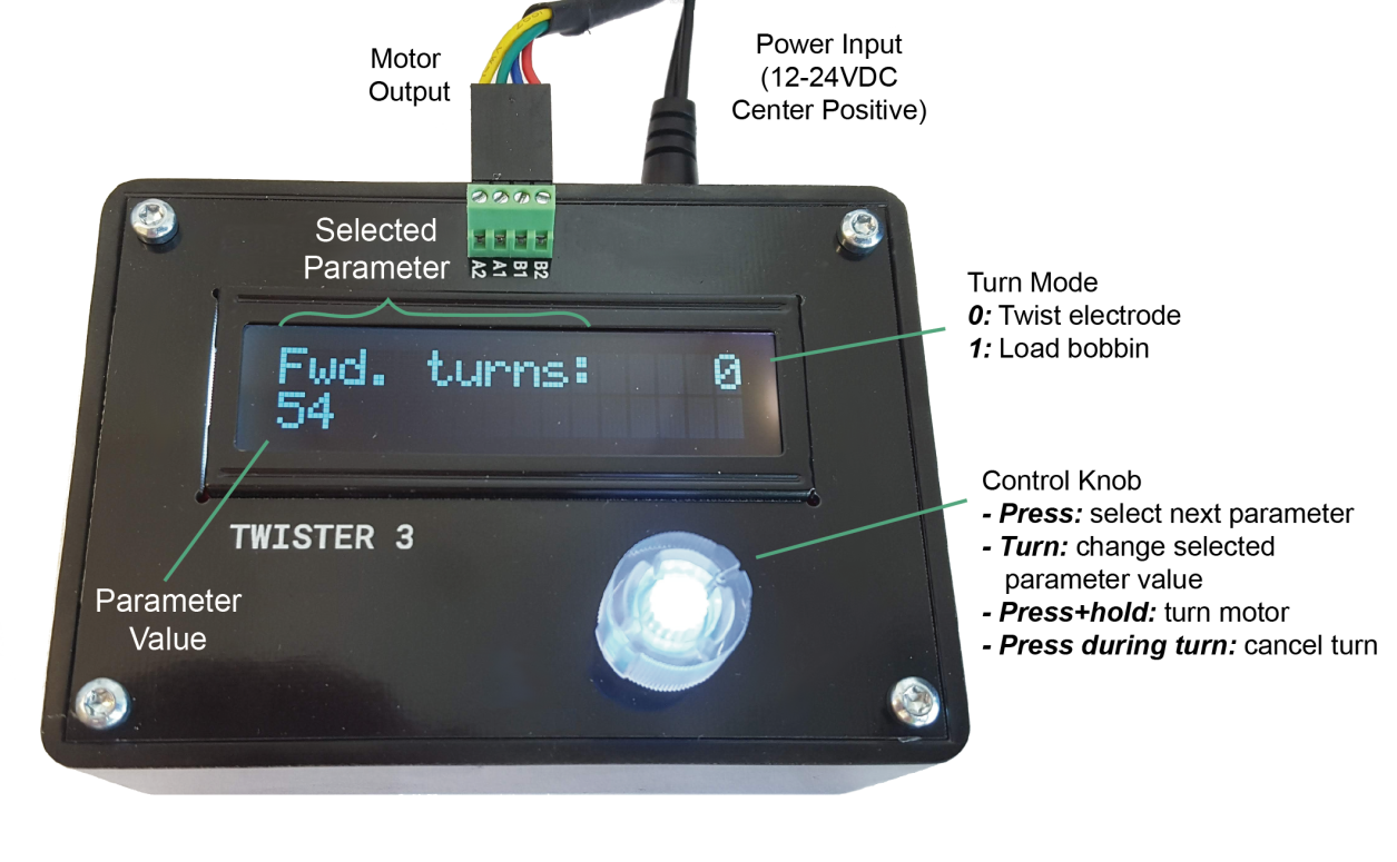 The control box is used to set twist rates, number of turns turns, etc. It drives to motor for both twisting probes and re-loading quick-draw bobbins.