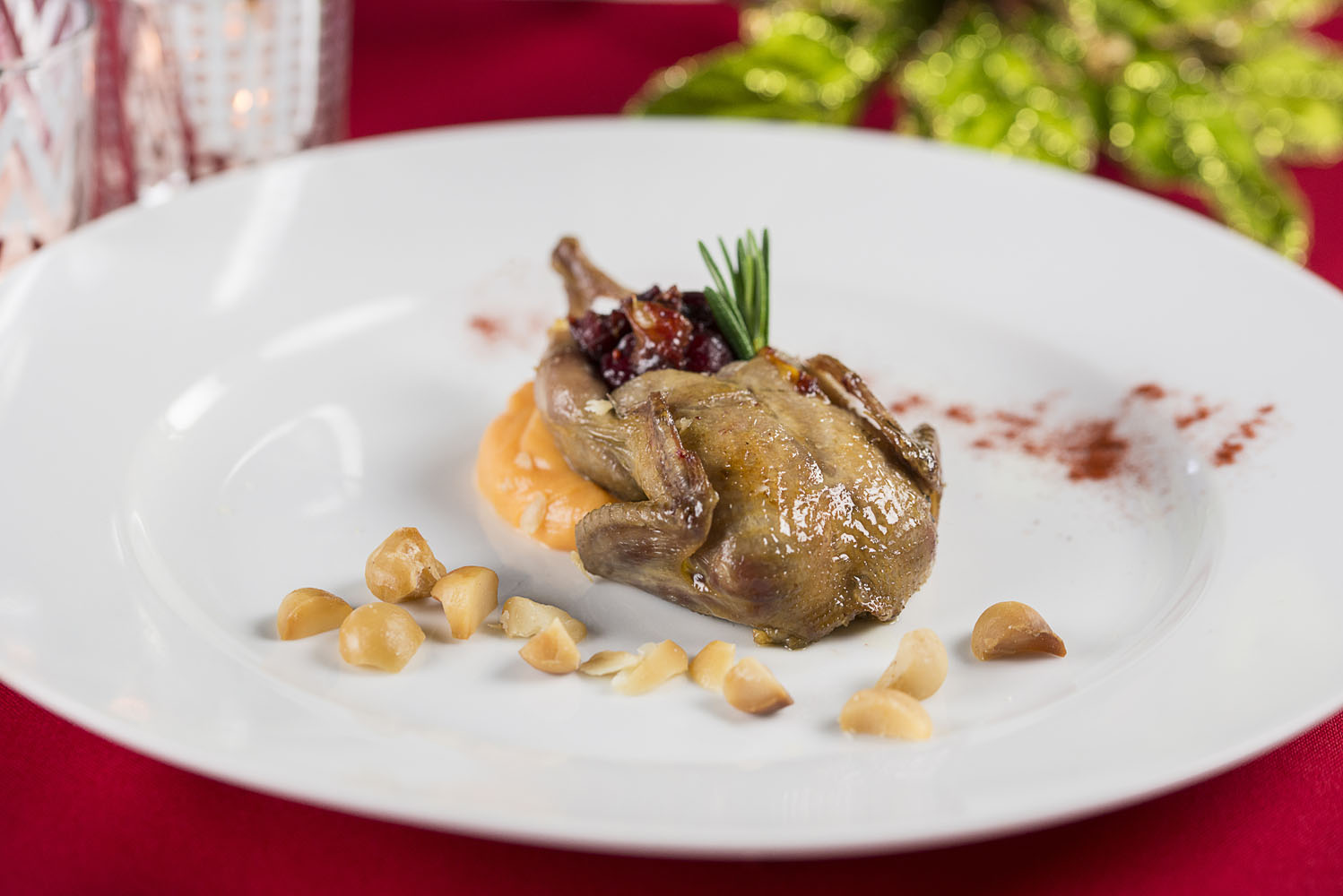 Quail Confit, whipped sweet potato, toasted macadamia nuts