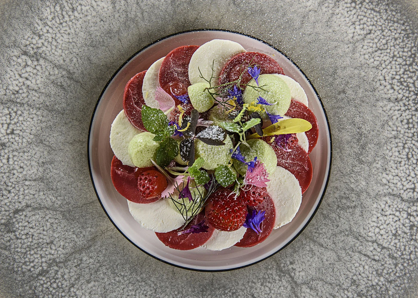 Strawberry - strawberry-basil cremeaux, alpines, garden herbs, strawberry sorbet