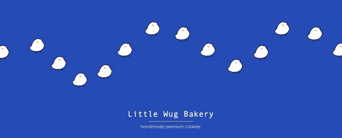 image of a blue background with text Little Wug Bakery, handmade premium cookies.