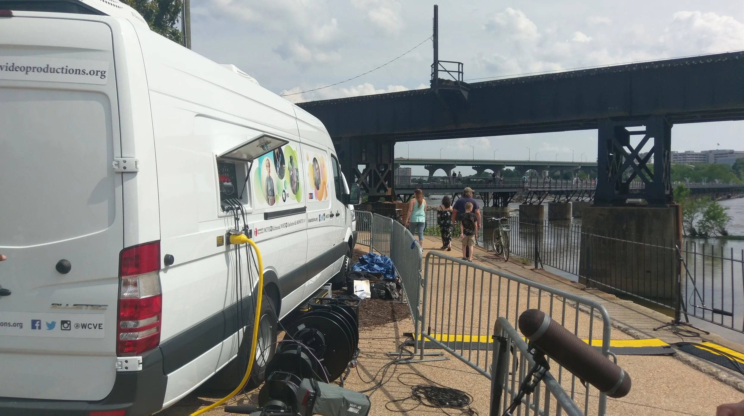 RVA's Festival of the River Looking South from Brown's Island Festival site toward the James River, Train trestle, Manchester Bridge and Pedestrian walkway to Belle Isle. Photo credit: Mark Helfer, VPM Productions