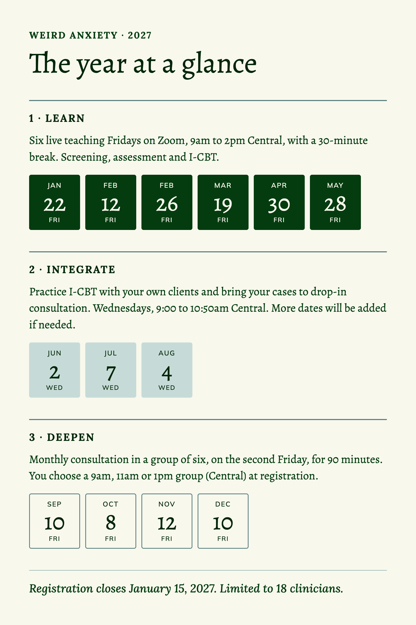 Calendar of the 2027 training: six teaching Fridays from January 22 to May 28, three summer consultation Wednesdays on June 2, July 7 and August 4, and four fall consultation Fridays from September 10 to December 10.