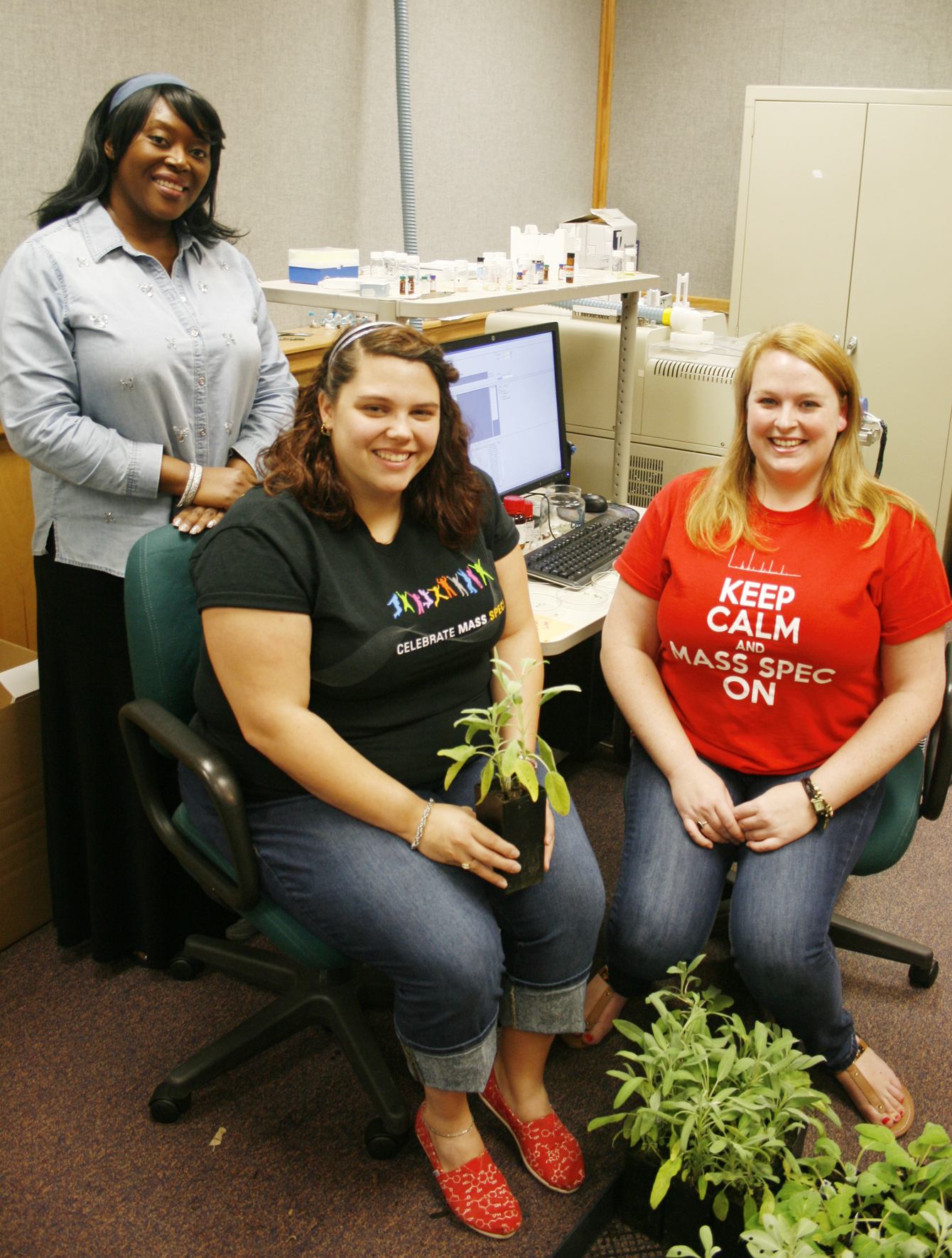 Professor Musah with Ashton and Justine analyzing plant samples at JEOL USA, Inc.