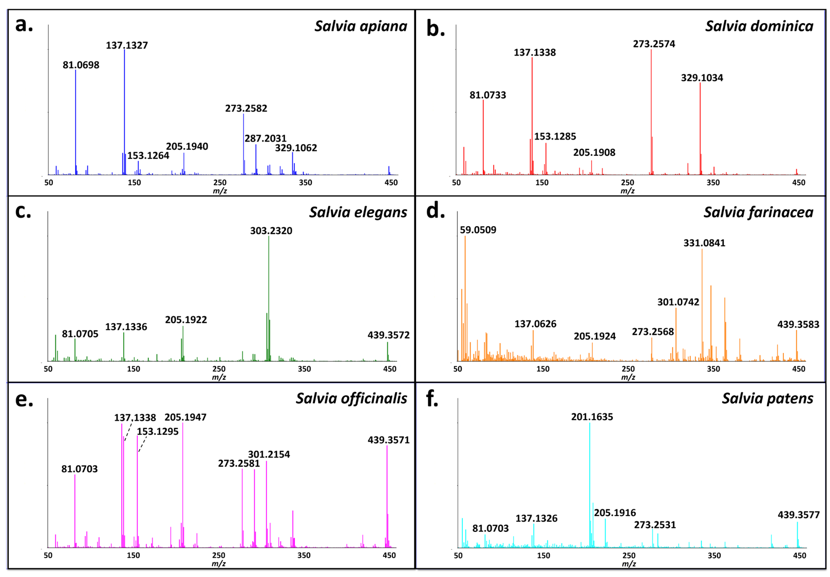  DART profiles of  Saliva spp.  can be used in combination with statistical analysis to identify plant products at a species level  