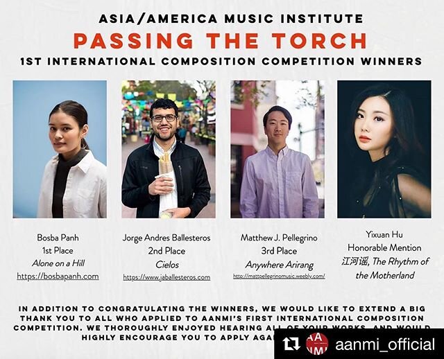I'm incredibly honored to have my piece &ldquo;Cielos&rdquo; named as the 2nd place winner in this year's Asia/America Music Institute composition competition! Thank you to @aanmi_official for organizing this and for all your work, and congratulation