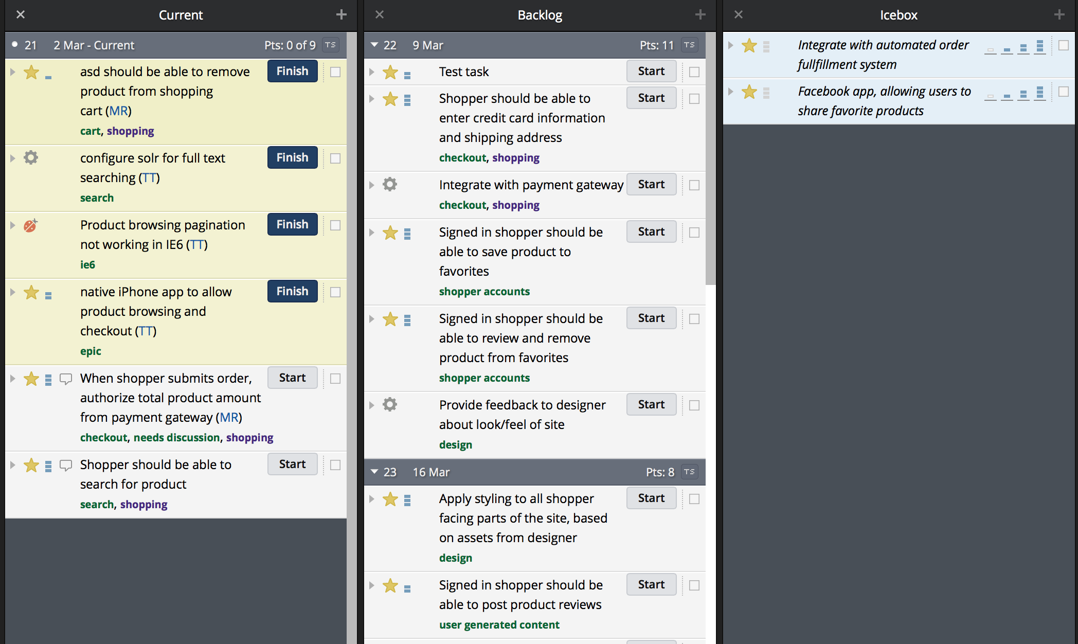 Future sprints and their contents are displayed in the Backlog-column (Pivotal Tracker). 