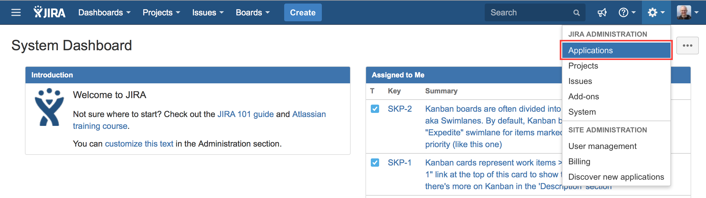 Select Applications from the Jira Administration menu on top right corner