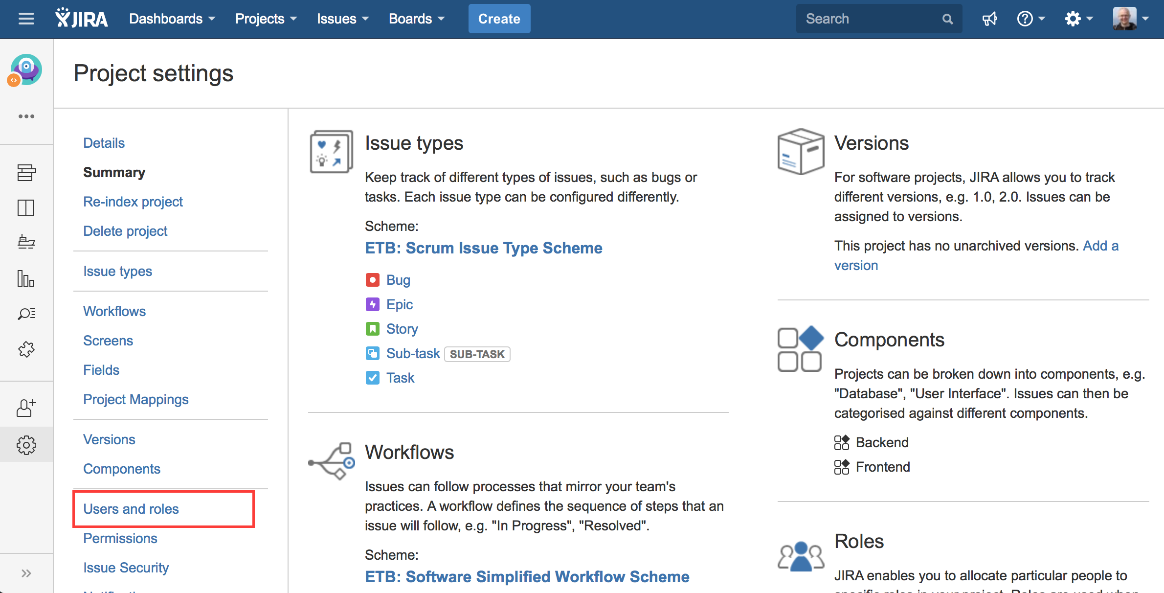 Select Users and roles from the left side menu