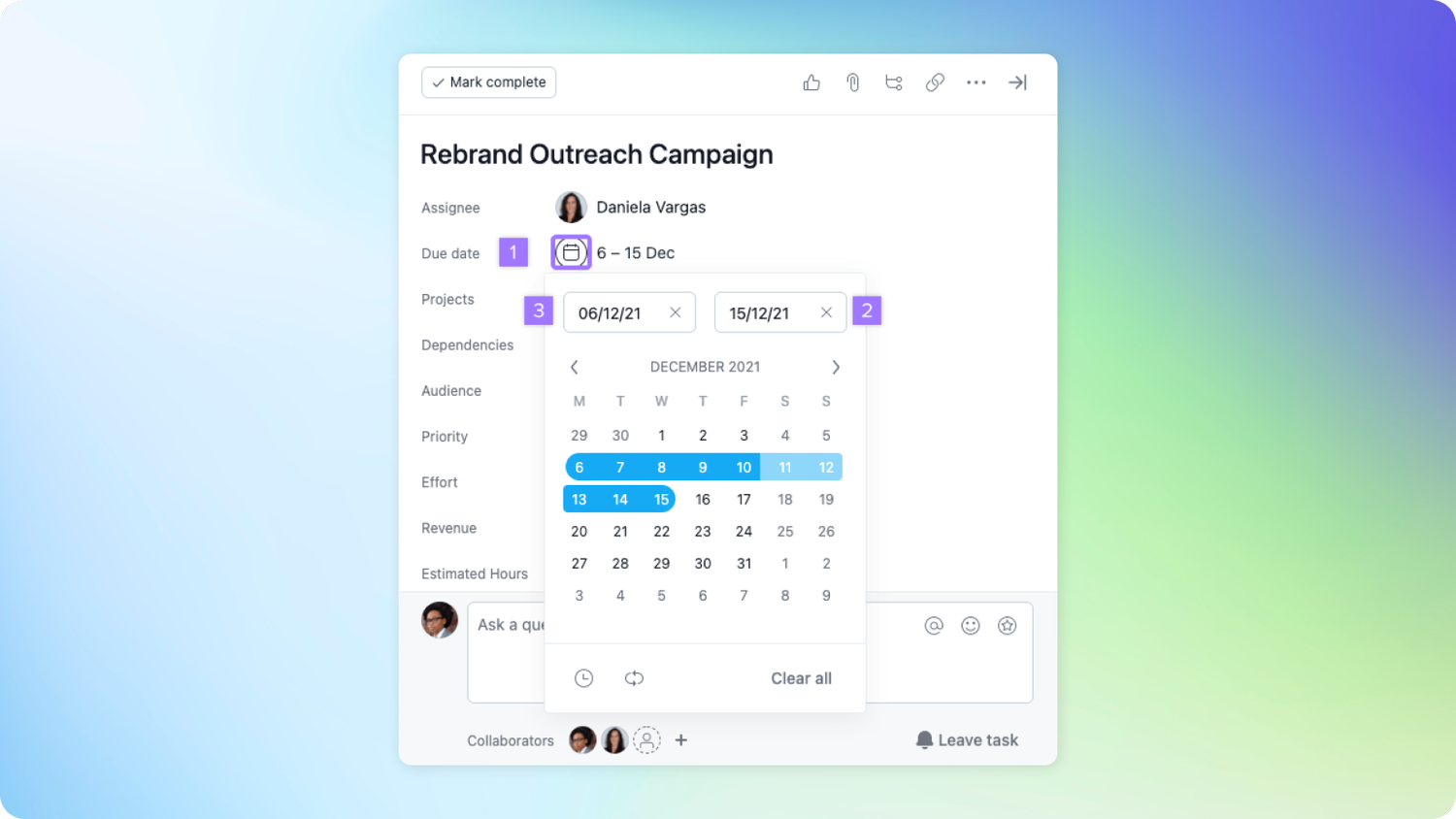 Select start date in asana