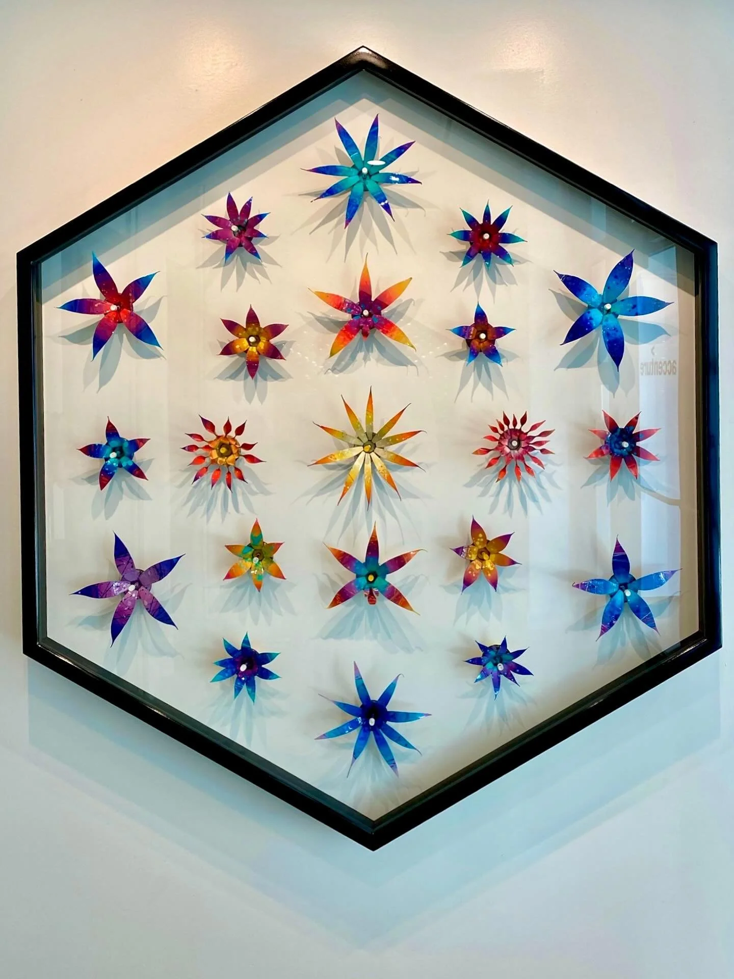 Metalliflora Specimen Collection. Spray Can Flowers, wood, glass. 55&quot;x55&quot; inquire for pricing. #canlove #spraypaint #mtn #recycle #upcycle #flowers