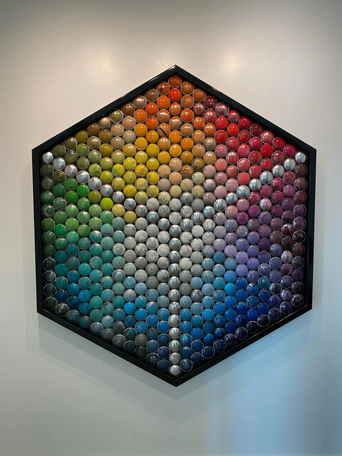 Love Speaks Volumes. Spray paint can bottoms, wood. 55&quot;x 55&quot;  Sister artwork to Metalliflora Specimen Collection. Inquire for Pricing.