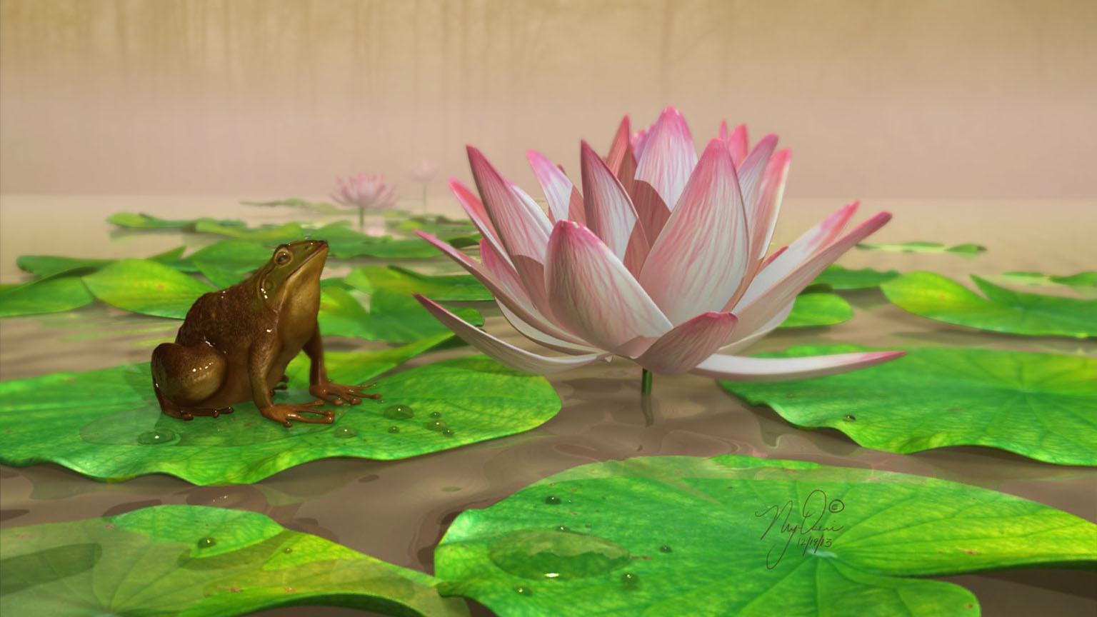 Frog and Lotus in a pond
