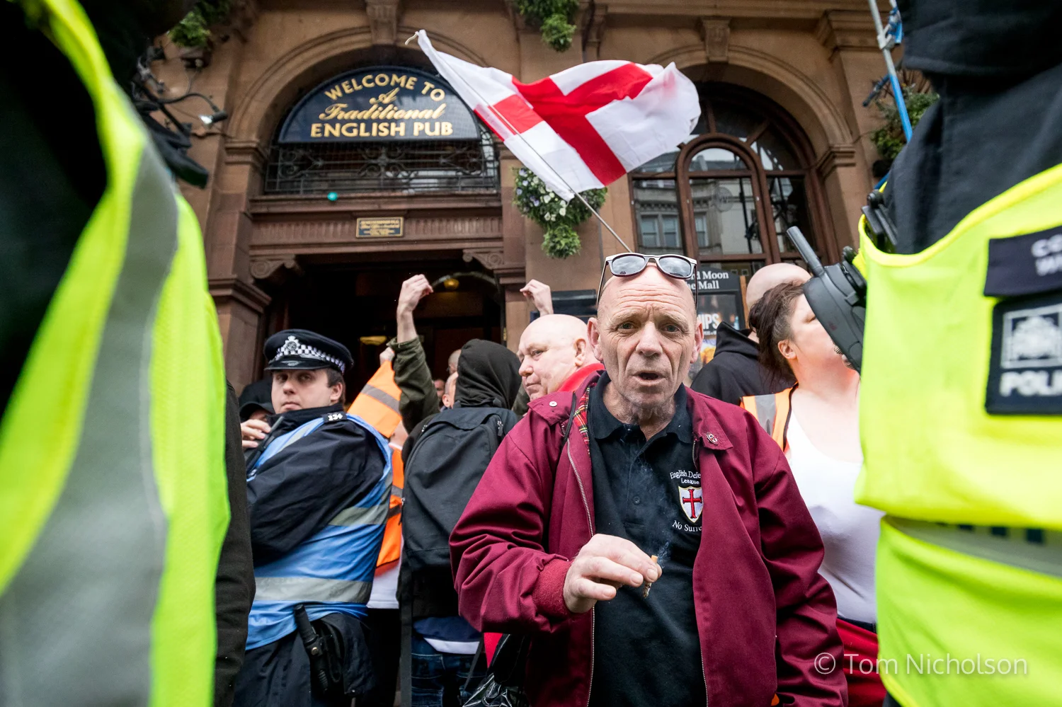 ©2017 Tom Nicholson. 01/04/2017. London, UK. Far-right demonstrators march in London following the terror attack in Westminster by Khalid Masood. A counter demonstration is taking place organised Unite Against Fascism (UAF) is taking place at the same time. Far-right groups such as the English Defence League, the South East Alliance and Britain First take part in the demonstration.
