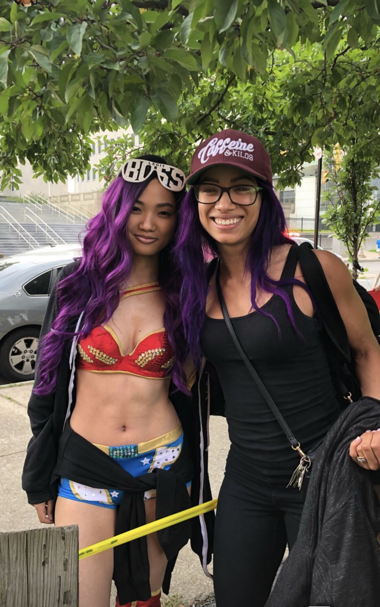 Sasha Banks and a fan of Sasha Banks in a Caffine & Kilos hat, wait…..