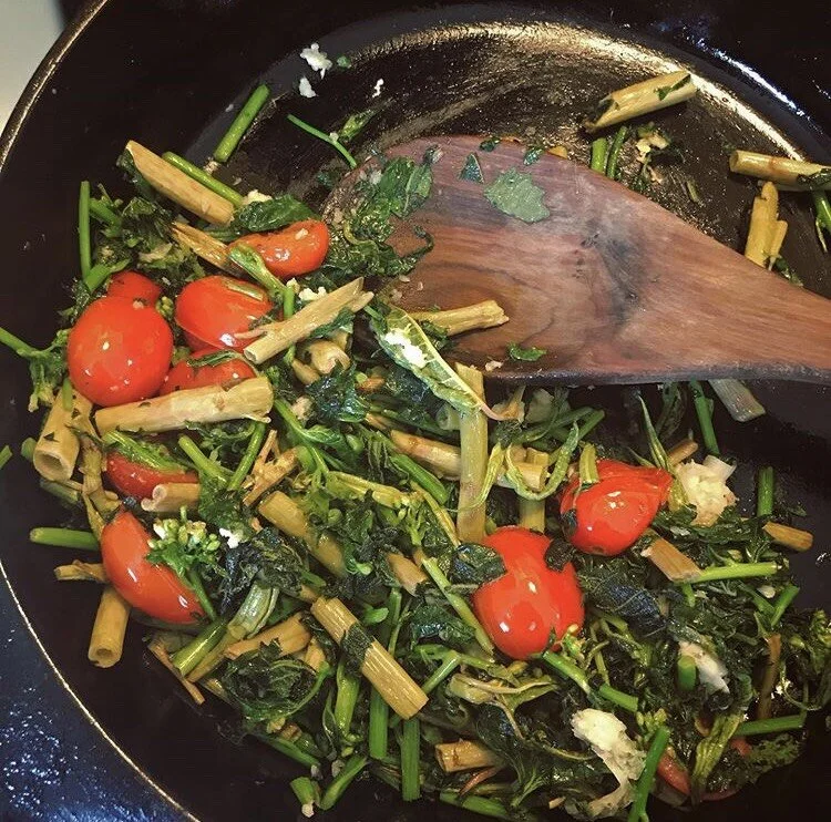 Spring Greens Saute & Japanese Knotweed in the Kitchen — Milk & Honey Herbs