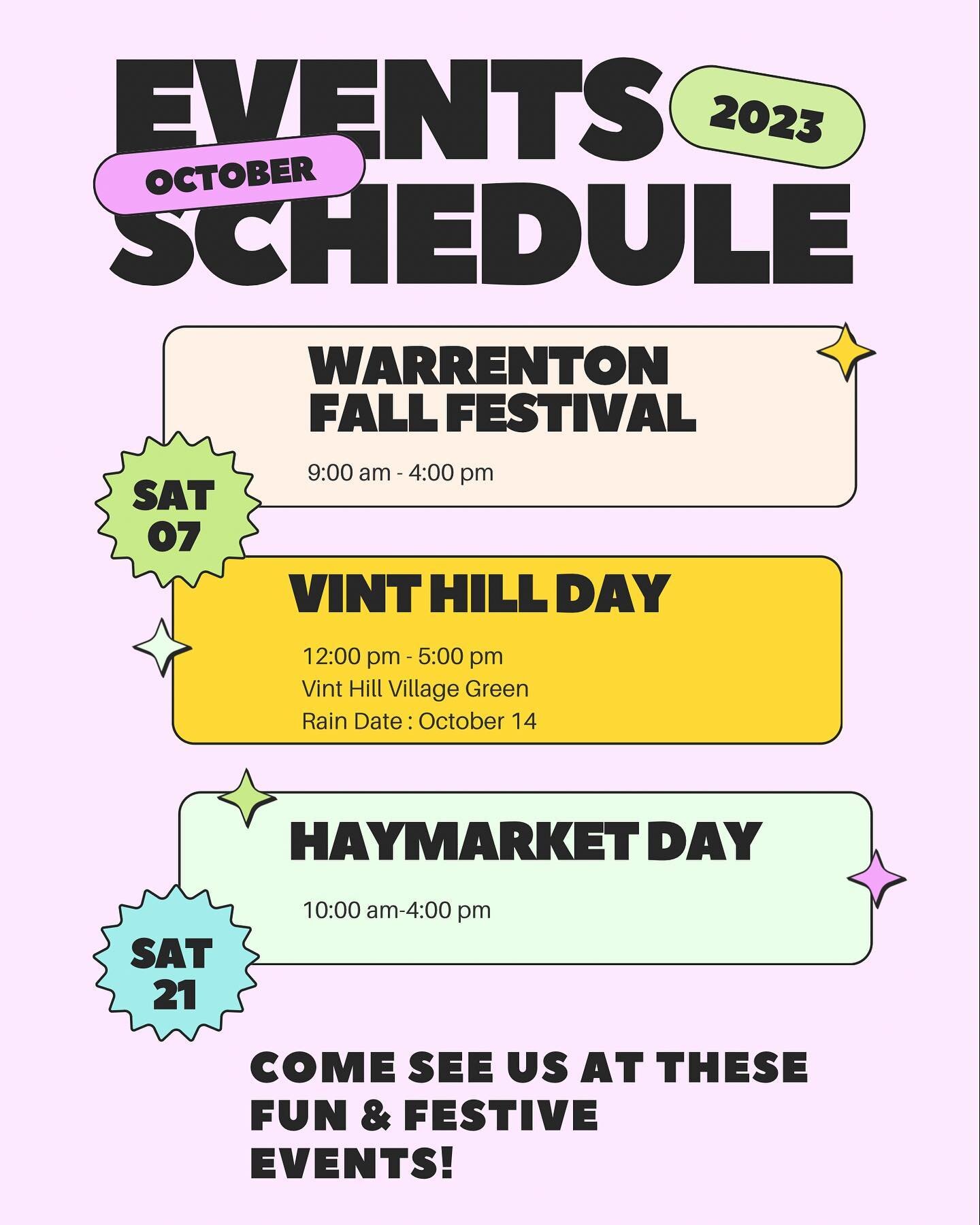 Our October Calendar of Events! Come see us at these Fun and Festive events! Local vendors, parade, live music and so much more, check them out! 🍂 🎃 👻 🧡