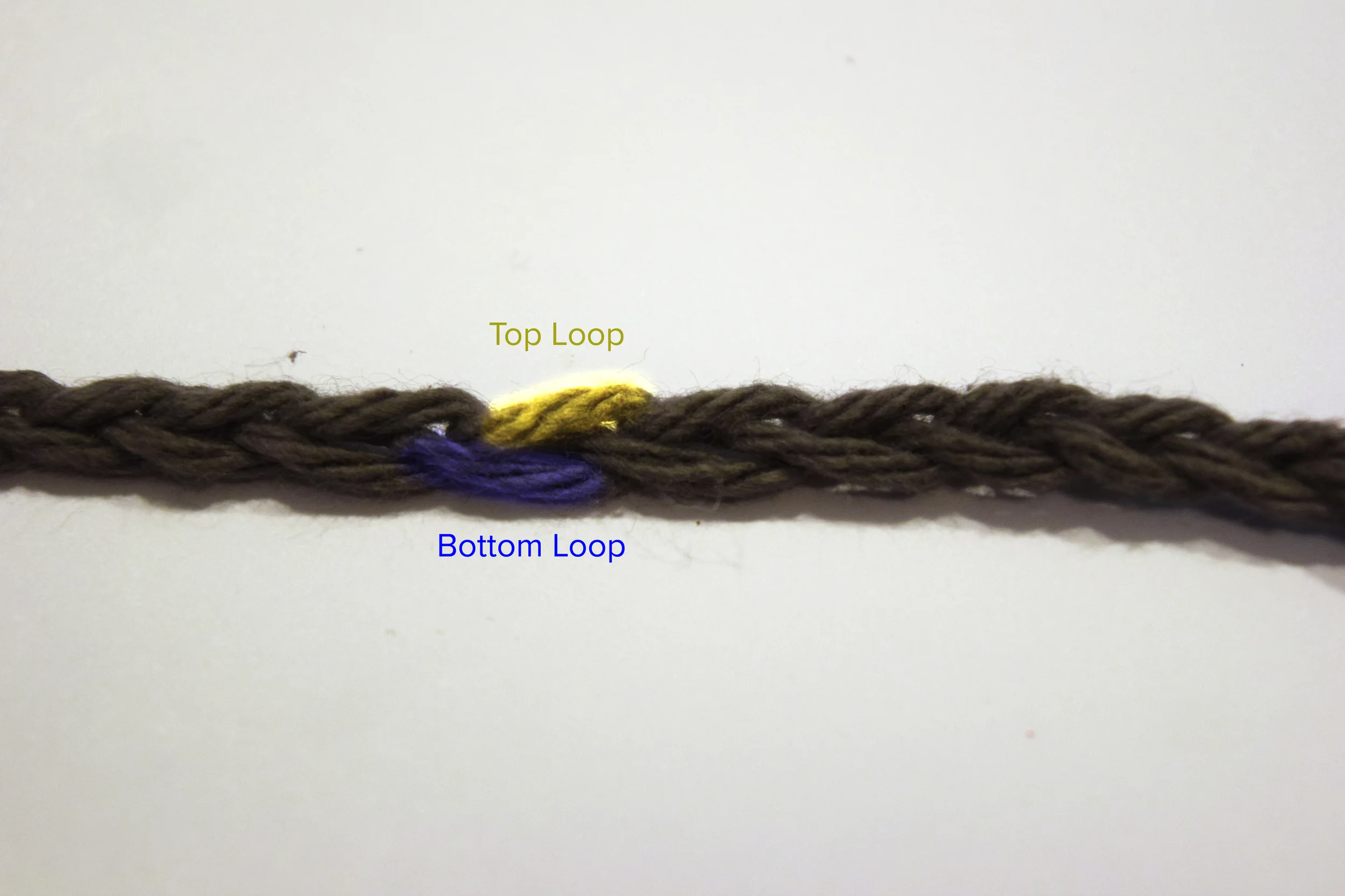 Front of a chain, top and bottom loops of the same stitch are highlighted.