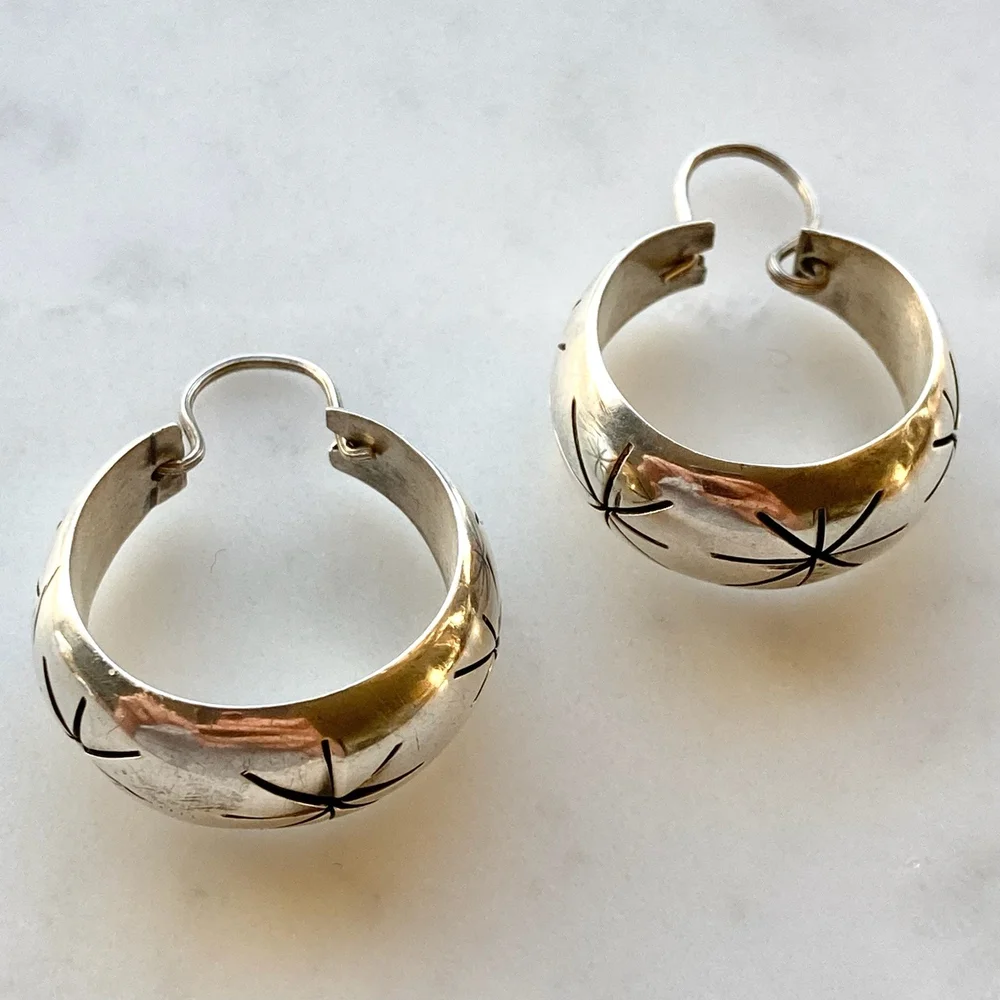 1970's Taxco, Mexico Sterling Silver Chunky Starburst Hoop