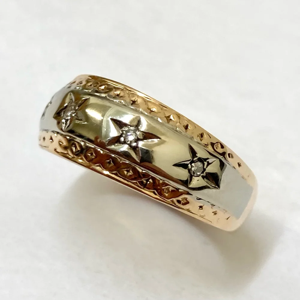 Late 1960's 14k Yellow and White Gold Diamond Starburst Dome Ring