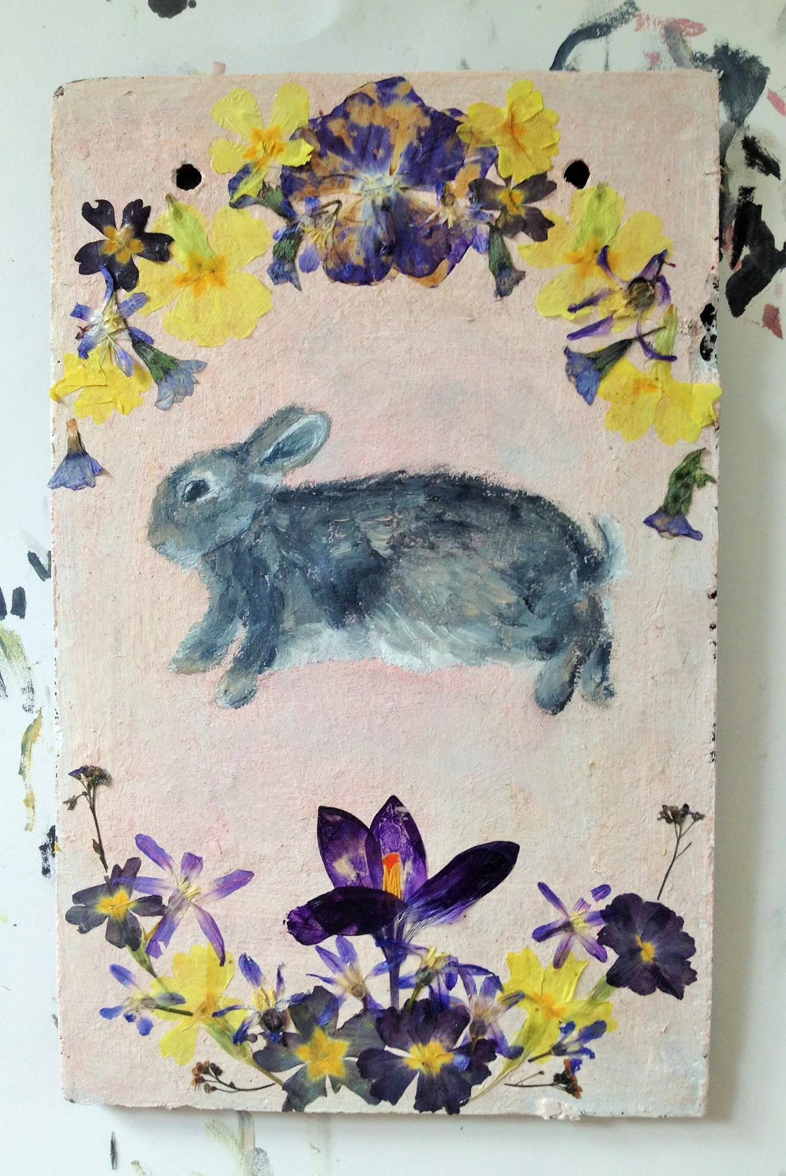 Terracotta tile shrine for a bunny, with pressed flowers