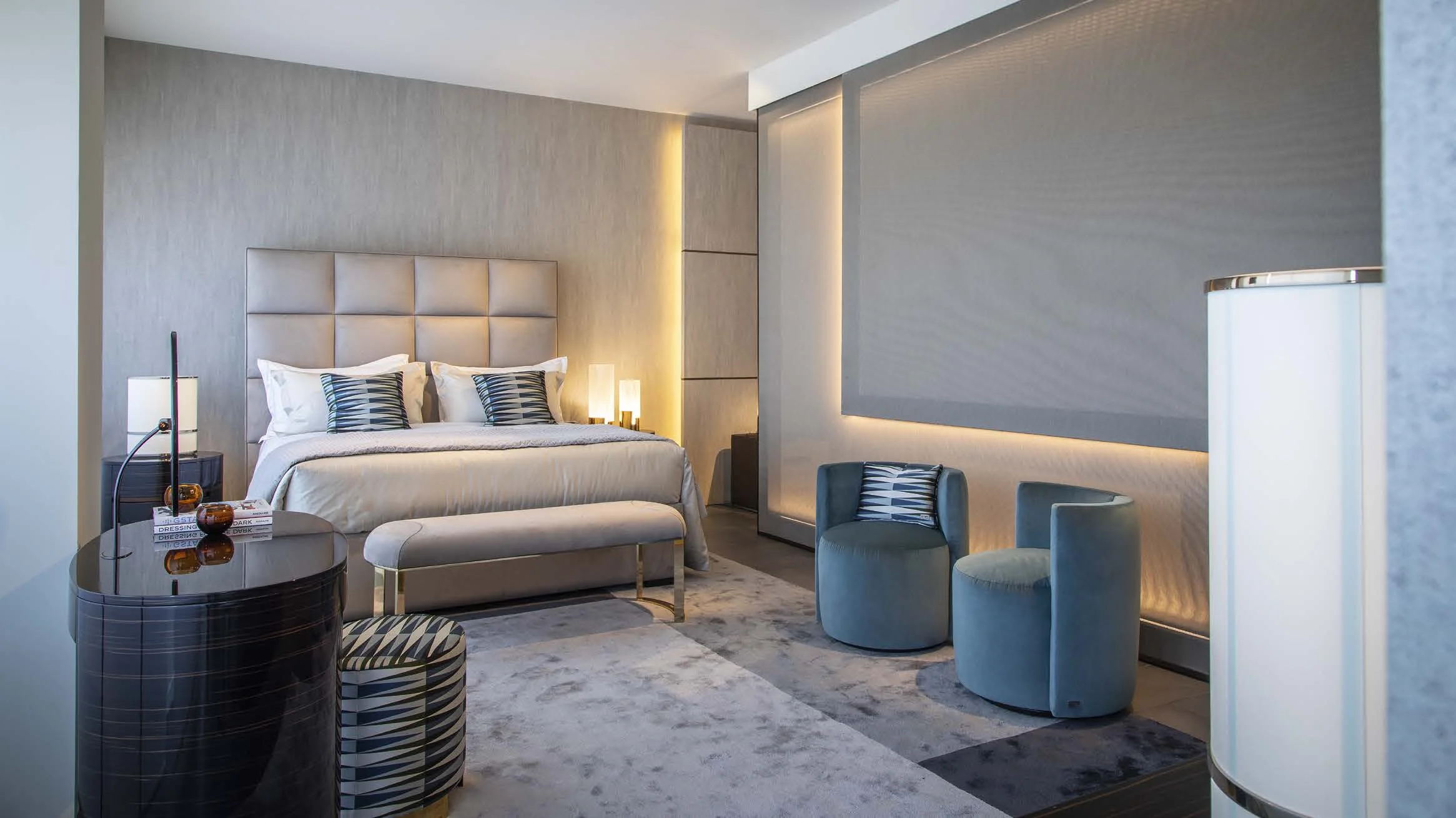 FF Diamante bed with Asja bedside tables, bench, Lady Desk and ottoman, LouLou armchairs.jpg