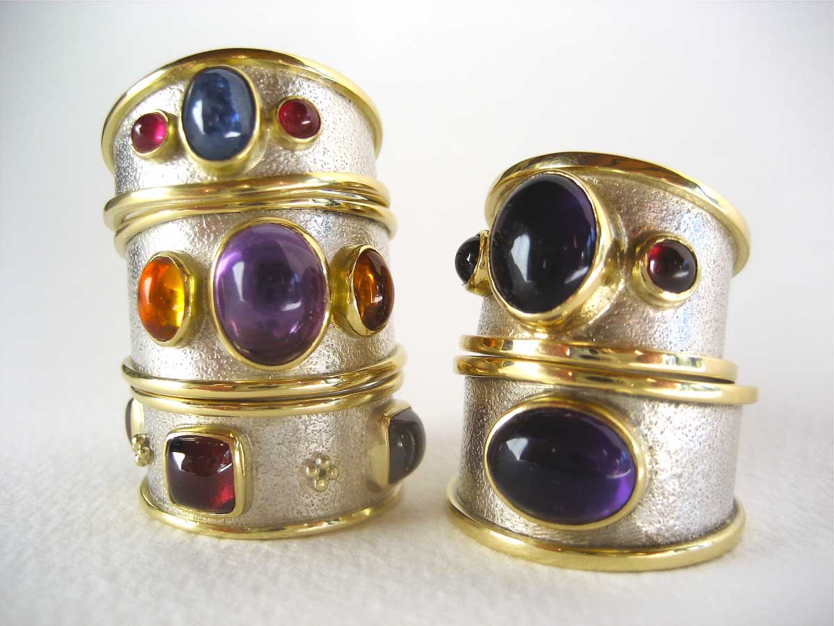 Silver & gold rings with richly coloured stones