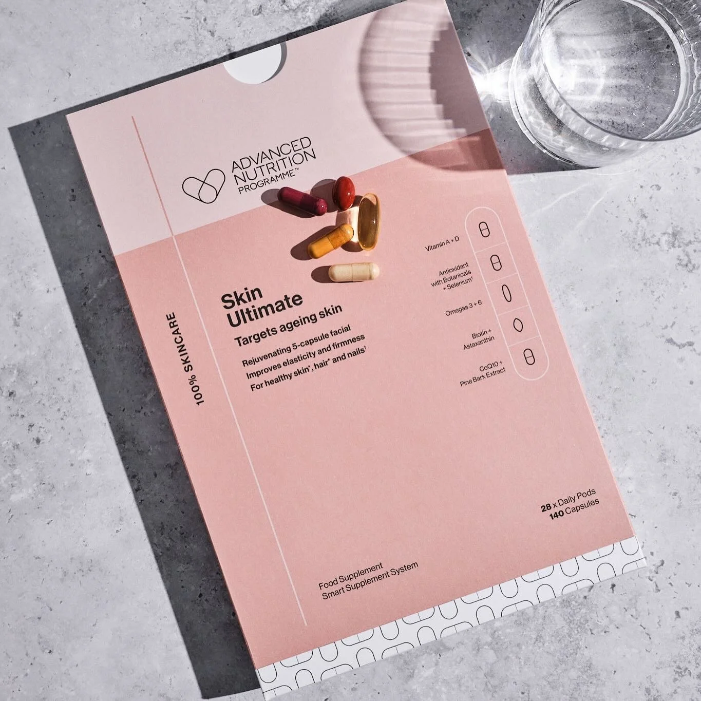 Your 28-day countdown to ultimate summer skin. ✨

@advancednutritionprogramme&rsquo;s Skin Ultimate: a daily dose of 5 powerful supplements specifically designed to:

Protect against UV and environmental stressors.

Hydrate and even out skin tone.

T