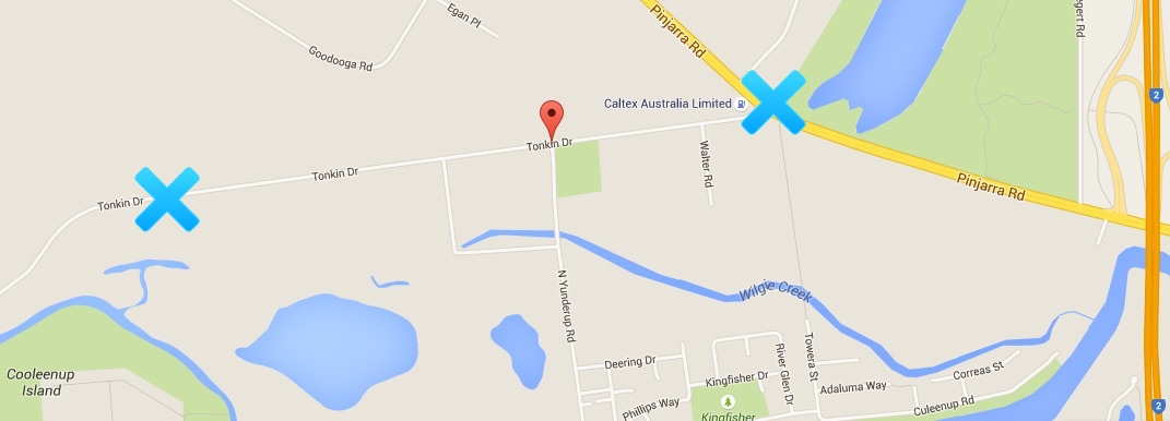 The first cross is Tonkin drive - you can see the caltex petrol station marked. The Second Cross marks where Tonkin Drive turns into a dirt road.