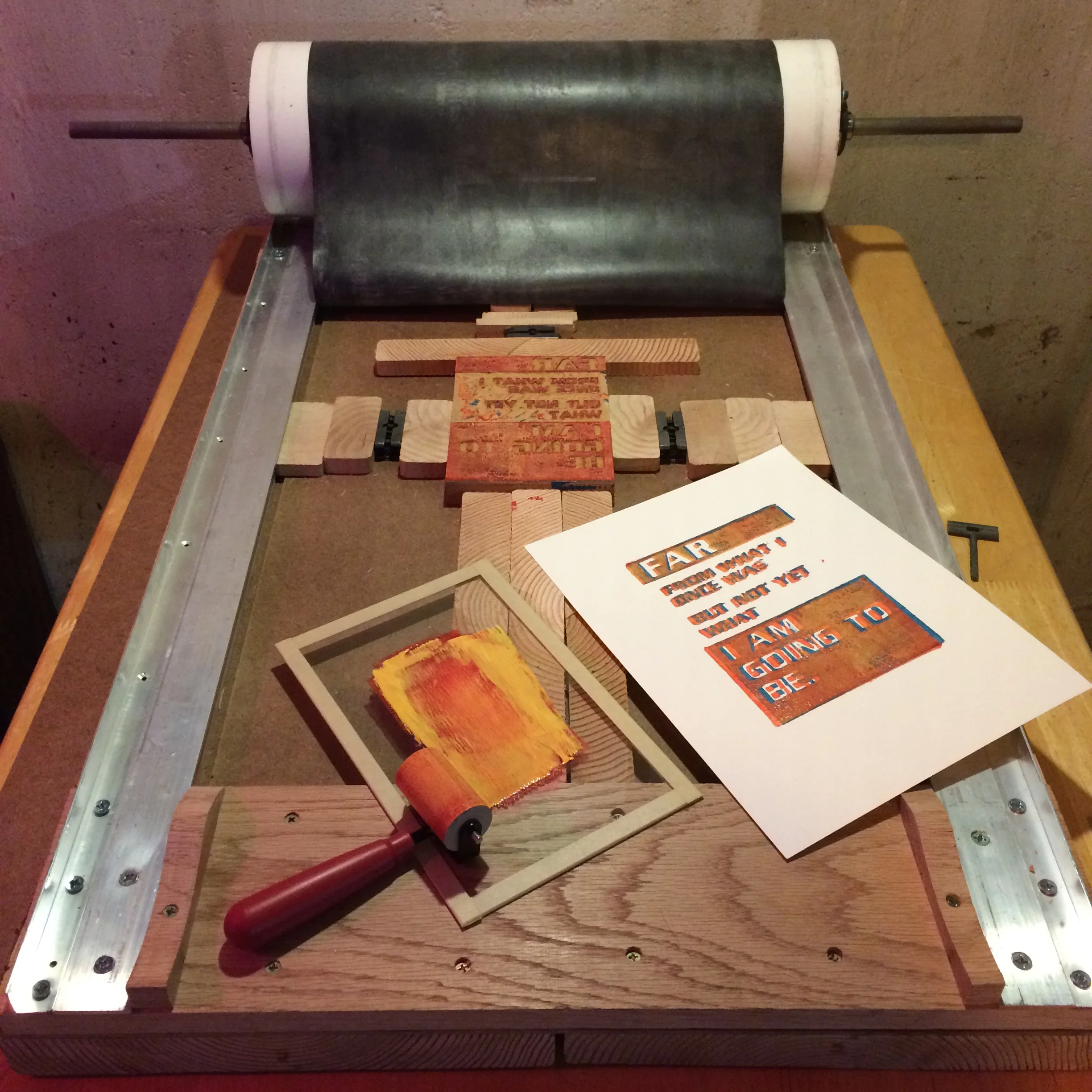 My first print on my homemade printing press. Printed from a hand cut linoleum block.