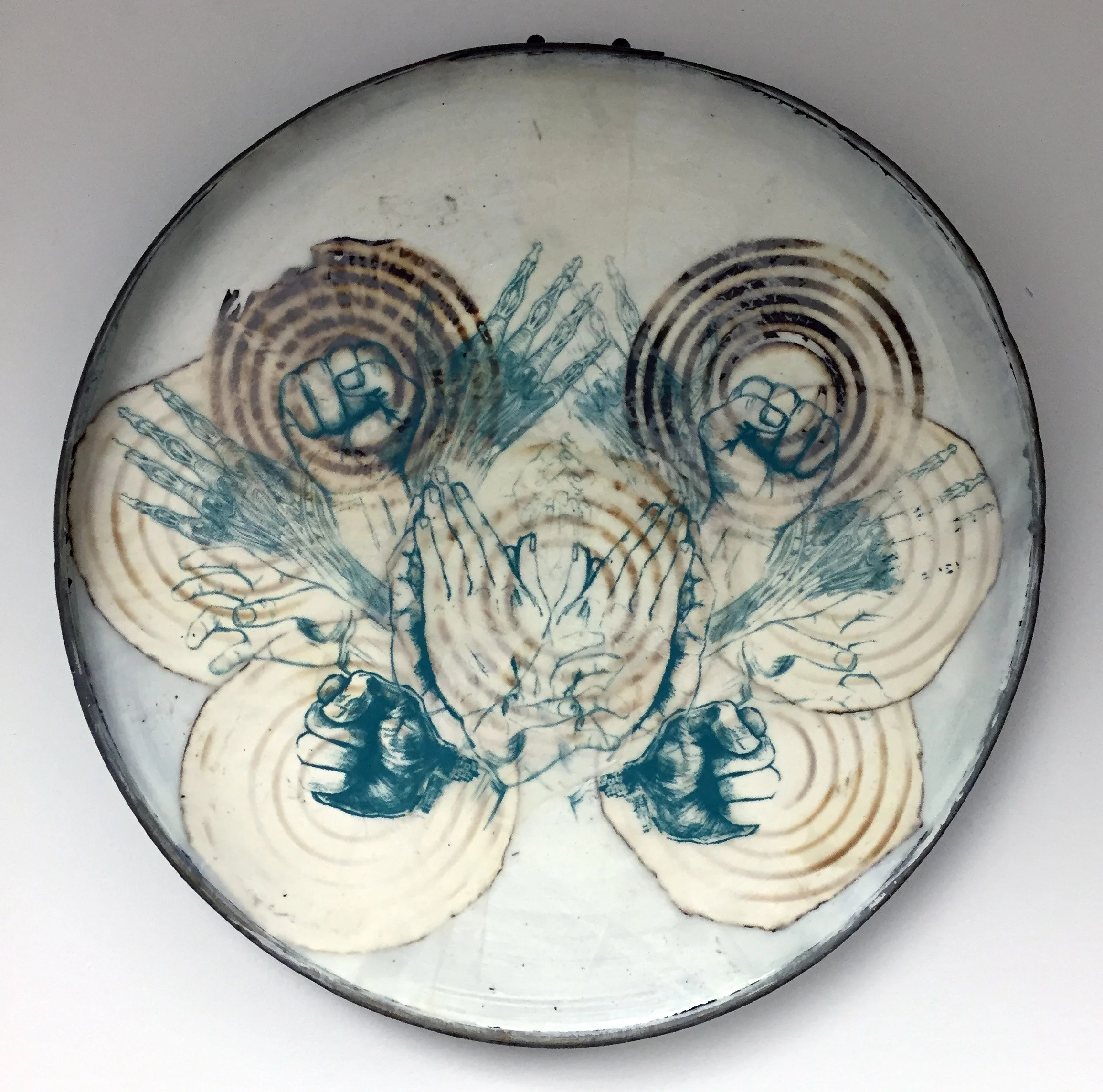 Screenprint, burned paper, beeswax within a barrel ring 24in. diameter