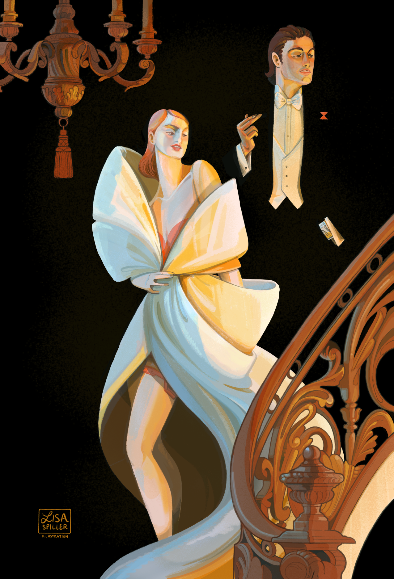 Parody of Leyendecker’s Couple Descending Staircase, featuring Black Widow and the Winter Solider (Marvel’s greatest dynamic duo!)