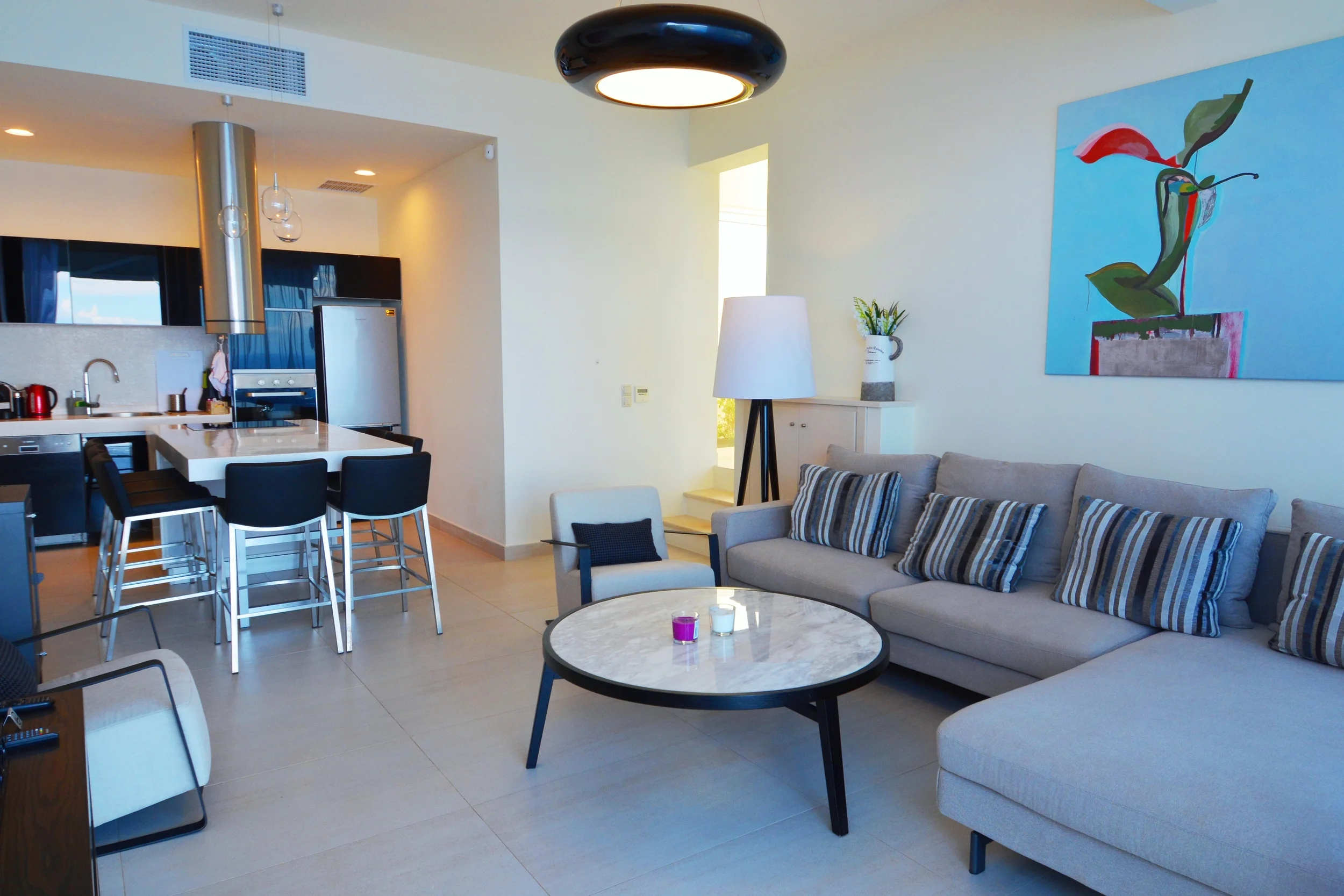 Stylish living rooms and a well equipped modern open kitchen.