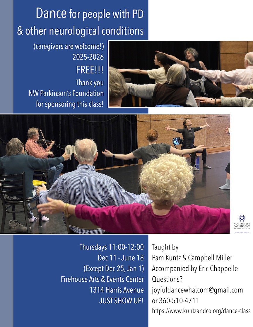 flyer for dance class for people with pd and other neuro conditions. images include seated dancers in front of smiling instructor and violinist