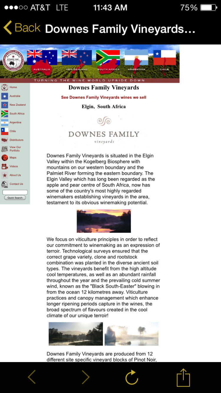Downes Family Vineyards website is not optimized for mobile devices.