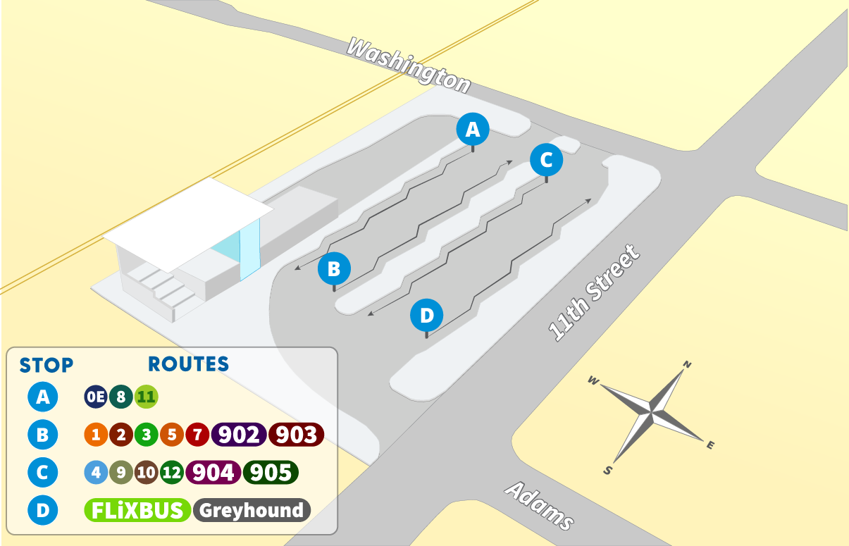 Simple aerial view of transfer center location at Washington Street and 11th Street.